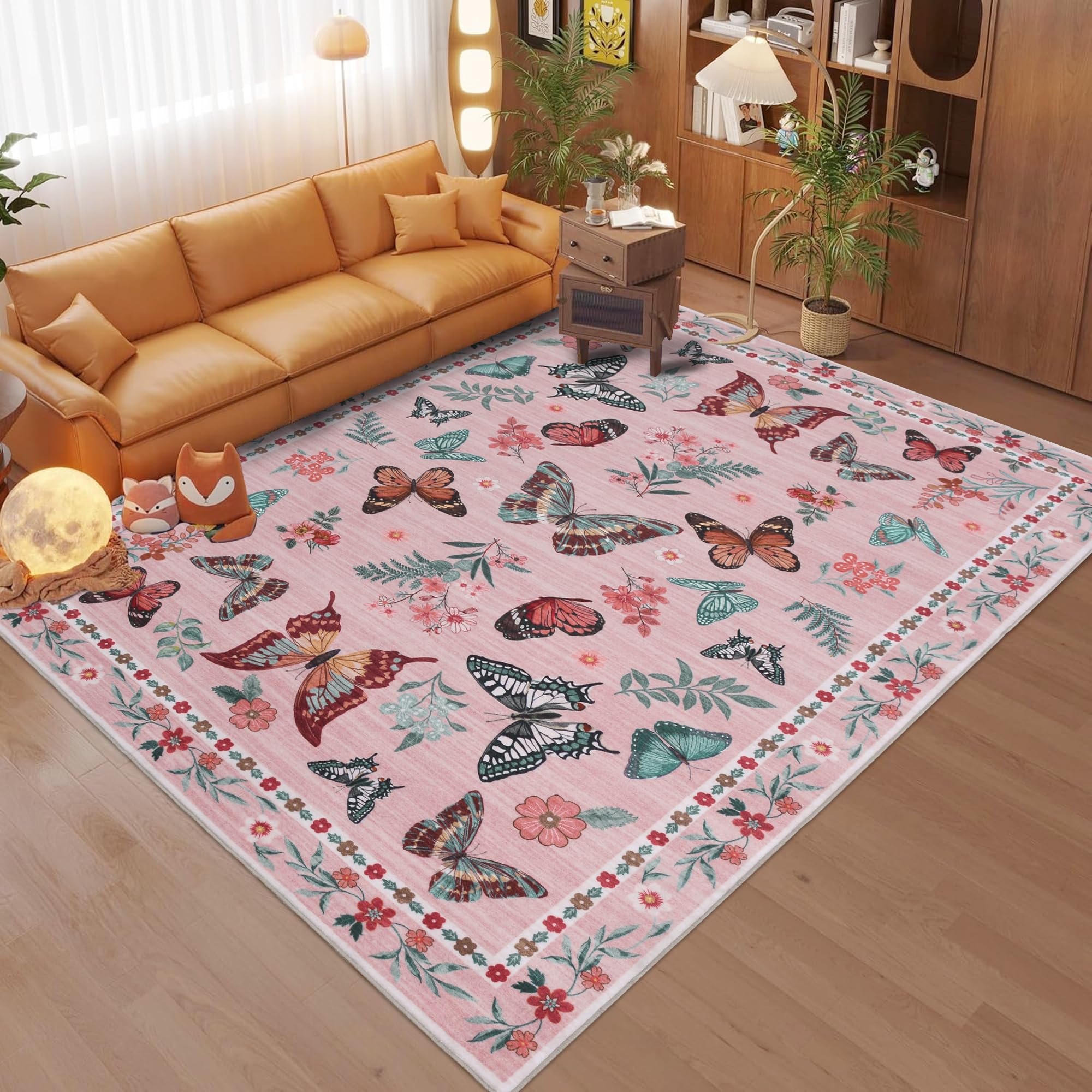 Insect Floral Area Rug, Machine Washable Area Rug Non-Slip Low Pile Large Bedroom Rug Stain Resistant Throw Rug Carpet