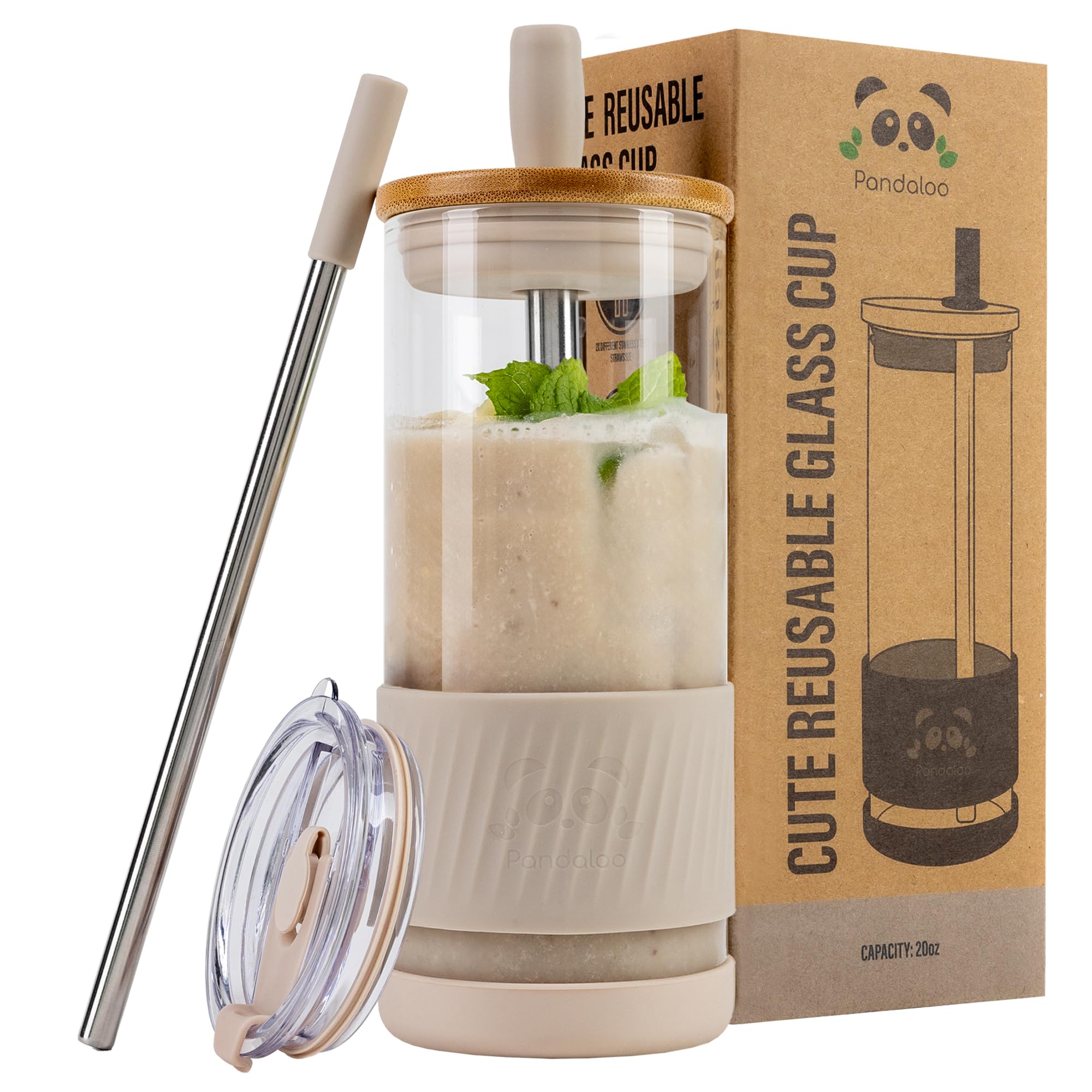 Pandaloo® Glass Cups With Lids and Straws -20 Fl Oz- Perfect Size Iced Coffee Cup - Smoothie Cup With Bamboo Lid and On the go Lid - Glass Tumbler With Straw