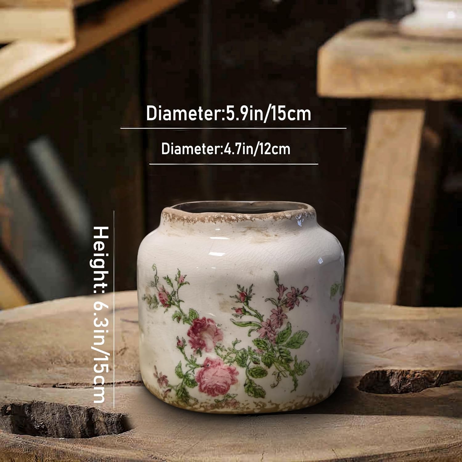 Vintage Ceramic Flower Pot, 5.9 * 6.3in Simple Relief Flower Pot