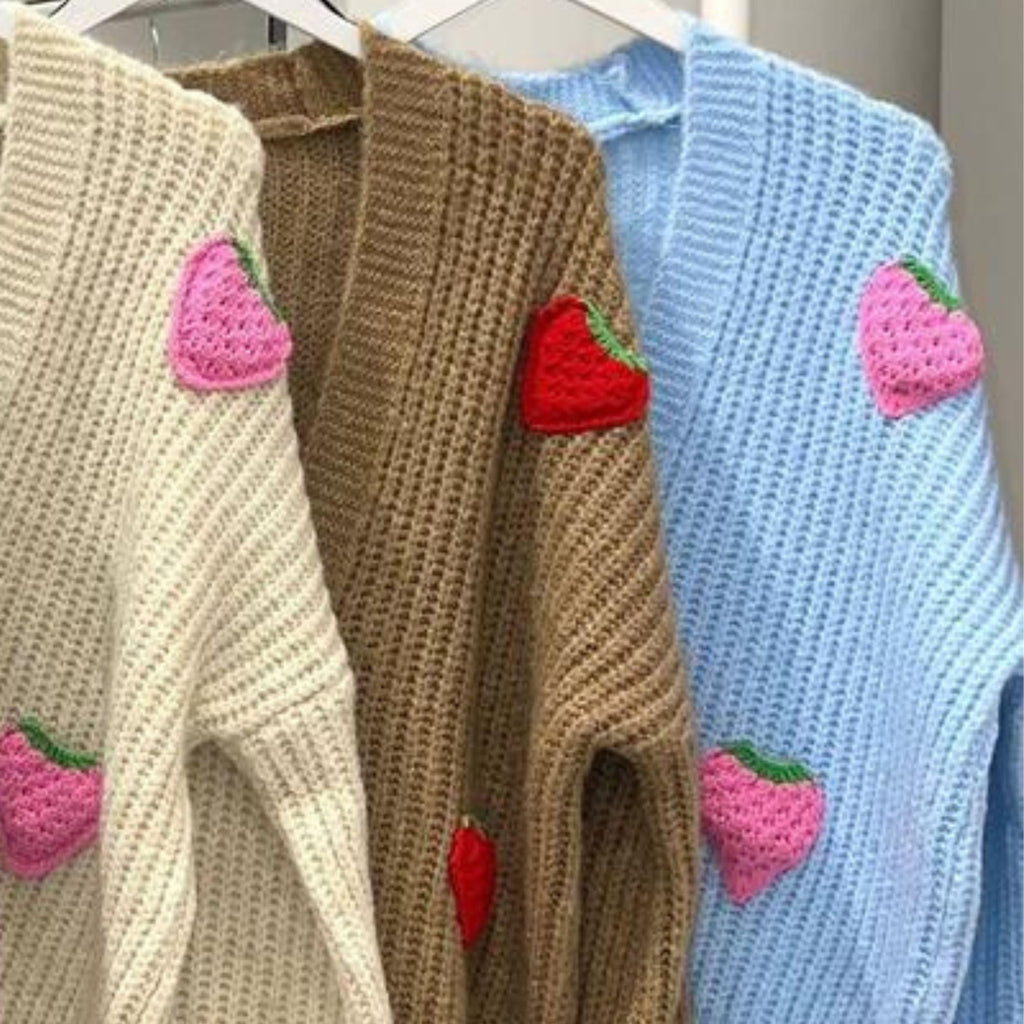 Women's Kawaii Strawberry Embroidered Cardigan Long Sleeve V Neck Chunky Knitted Cardigans