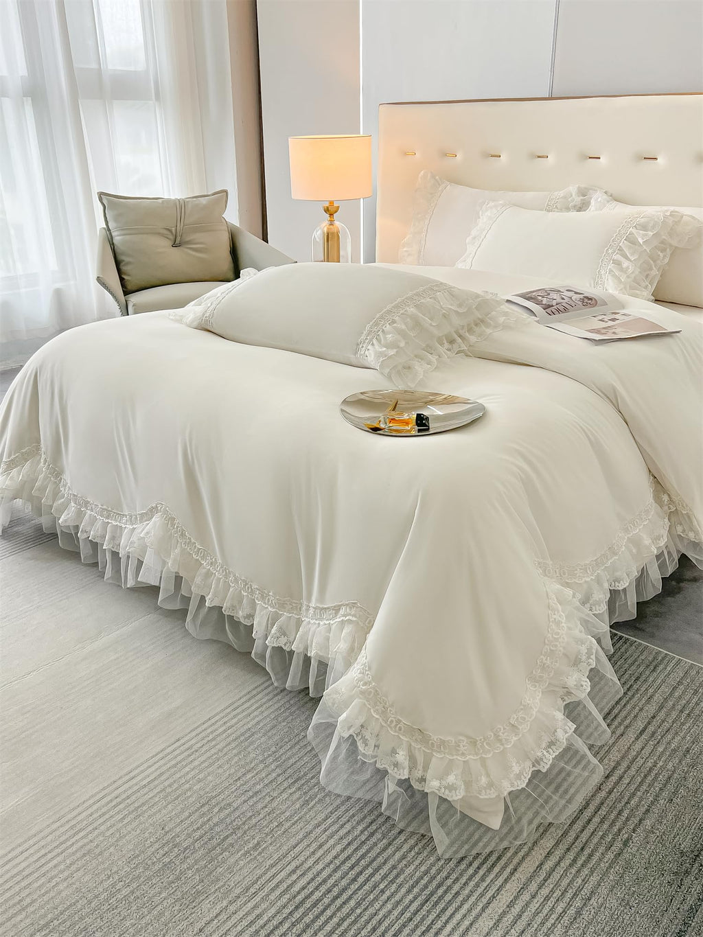 Chic Ruffle Lace Polyester Duvet Cover Set -Bedding-2 Piece Duvet Cover with Zipper Closure -Ultra Soft and Light Weight