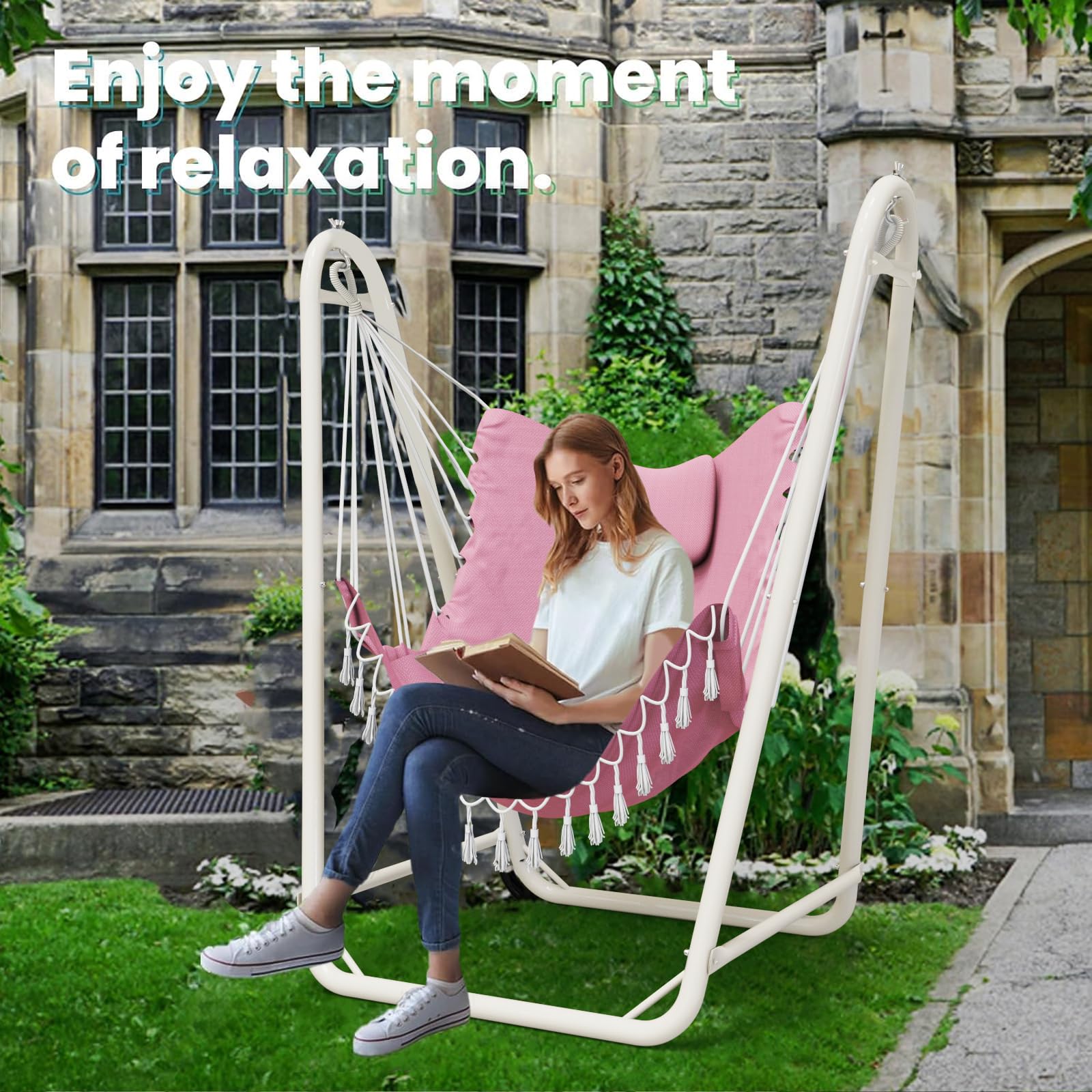 Hammock Chair with Stand,Heavy-Duty Hanging Chair with Stand for Indoor Outdoor, Sturdy Swing Chair Stand Max Load 350 pounds (Hammock Chair Included)