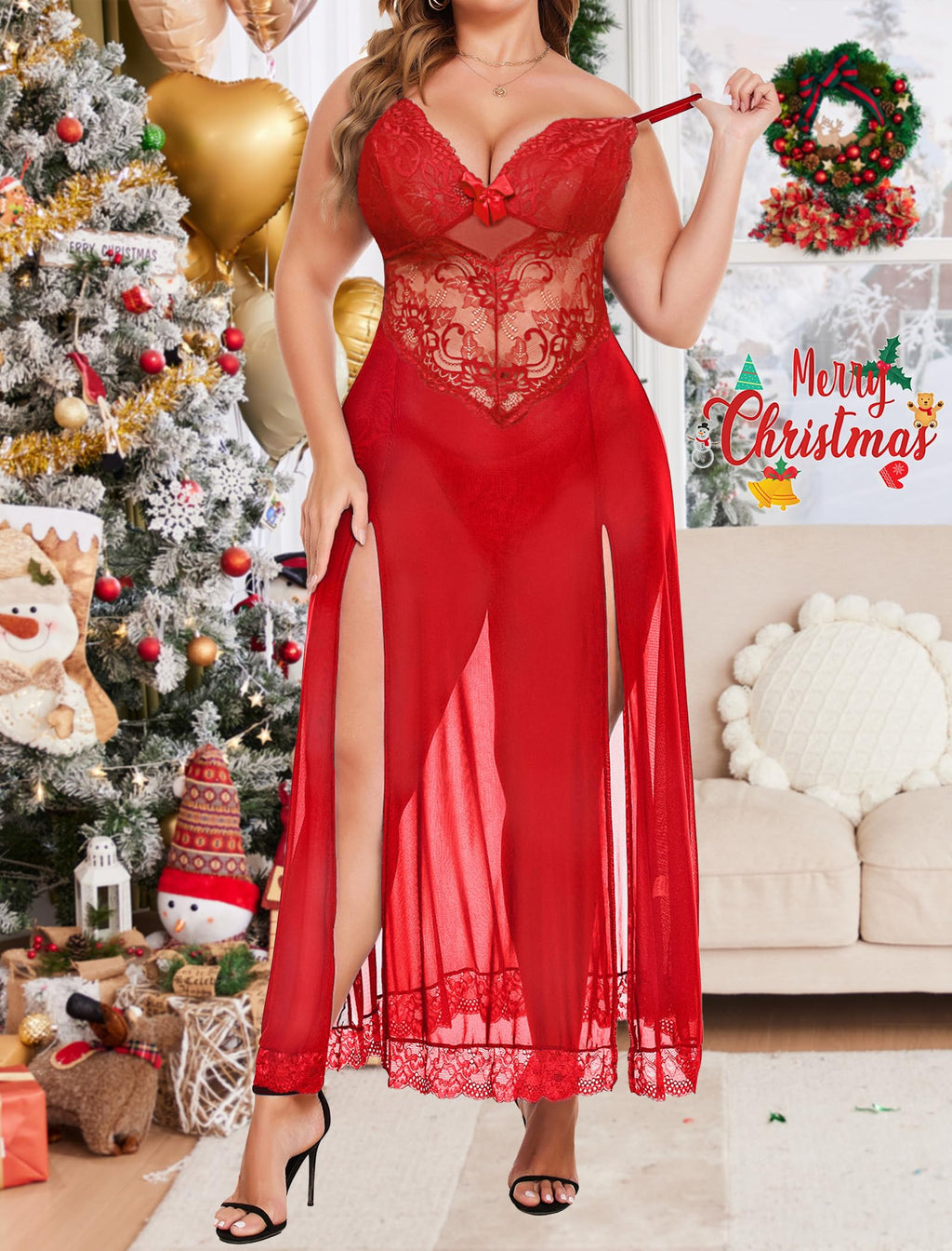 Plus Size Lingerie For Women Babydoll Sexy Mesh Maxi Nightdress Exotic Sleepwear Side Slits