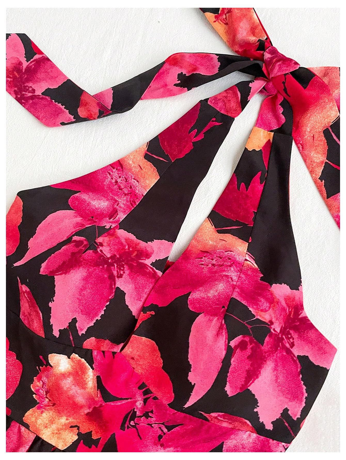 Women's Floral Print Sleeveless Halter Neck Layered Hem A Line Mini Dress