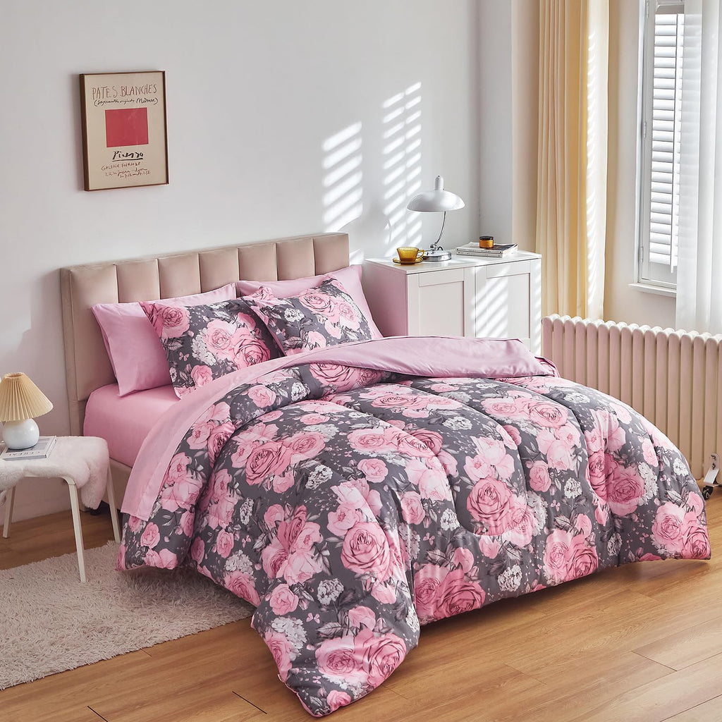 Flower Comforter Sheet Set White Bed in a Bag 7 Pieces Size, Pink Floral Microfiber Bedding Set (1 Comforter 2 Pillow Shams 1 Flat Sheet 1 Fitted Sheet 2 Pillowcases)
