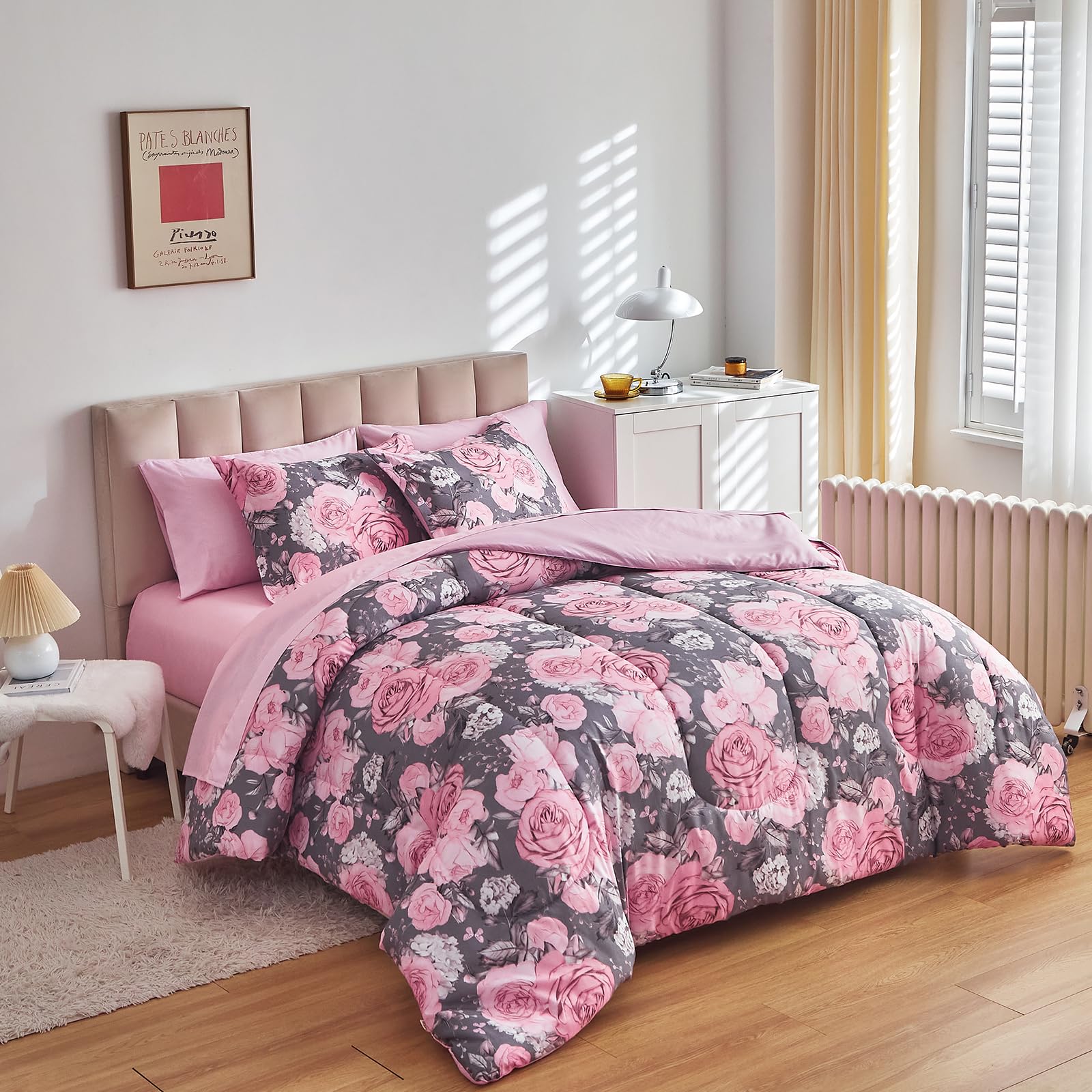 Flower Comforter Sheet Set White Bed in a Bag 7 Pieces Size Pink Floral Microfiber Bedding Set (1 Comforter 2 Pillow Shams 1 Flat Sheet 1 Fitted Sheet 2 Pillowcases)