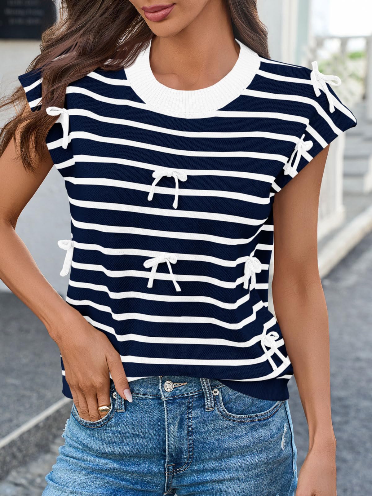 Womens Striped Bow Top Cap Sleeve Summer Cute Crewneck Going Out Lightweight Knit Sweater Vest Tops