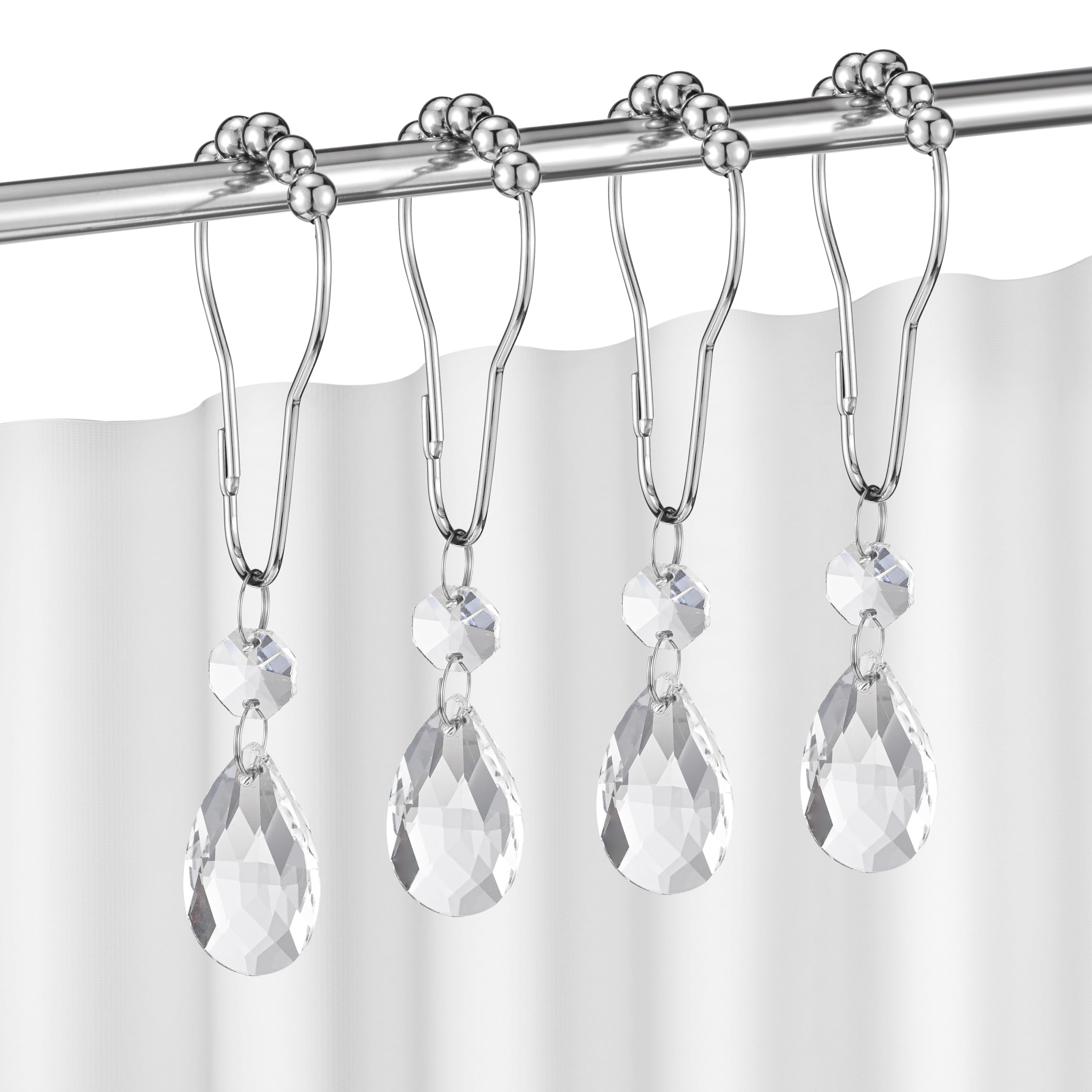 Set of 12 Water Drops Crystal Bead Stainless Steel Rust Resistant Clear Shower Curtain