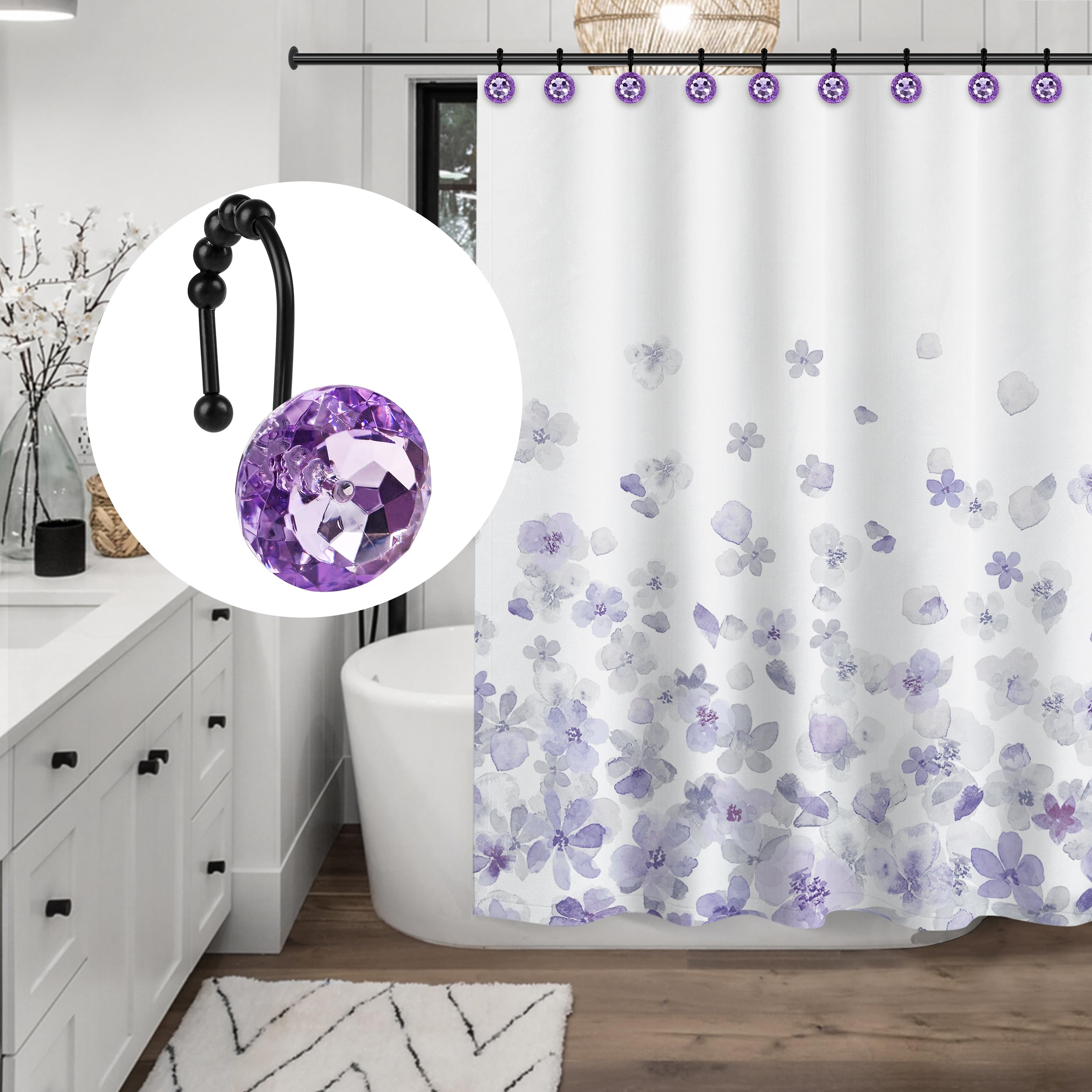 Luxury Design Round Diamond Crystal Gem Bling with Glide Balls Shower Curtain Hooks, Rust Proof Metal Rhinestones Glam Shower Curtain Rings-12 Pack