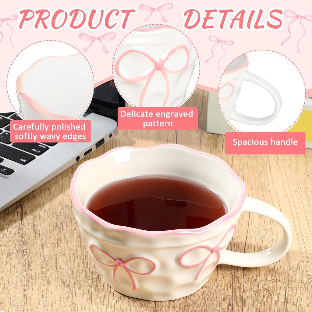 Pink Bow Mug 13. 5 Oz/ 400 ml Pink Coquette Bow Coffee Mug Preppy Aesthetic Ceramic Cup with Handle