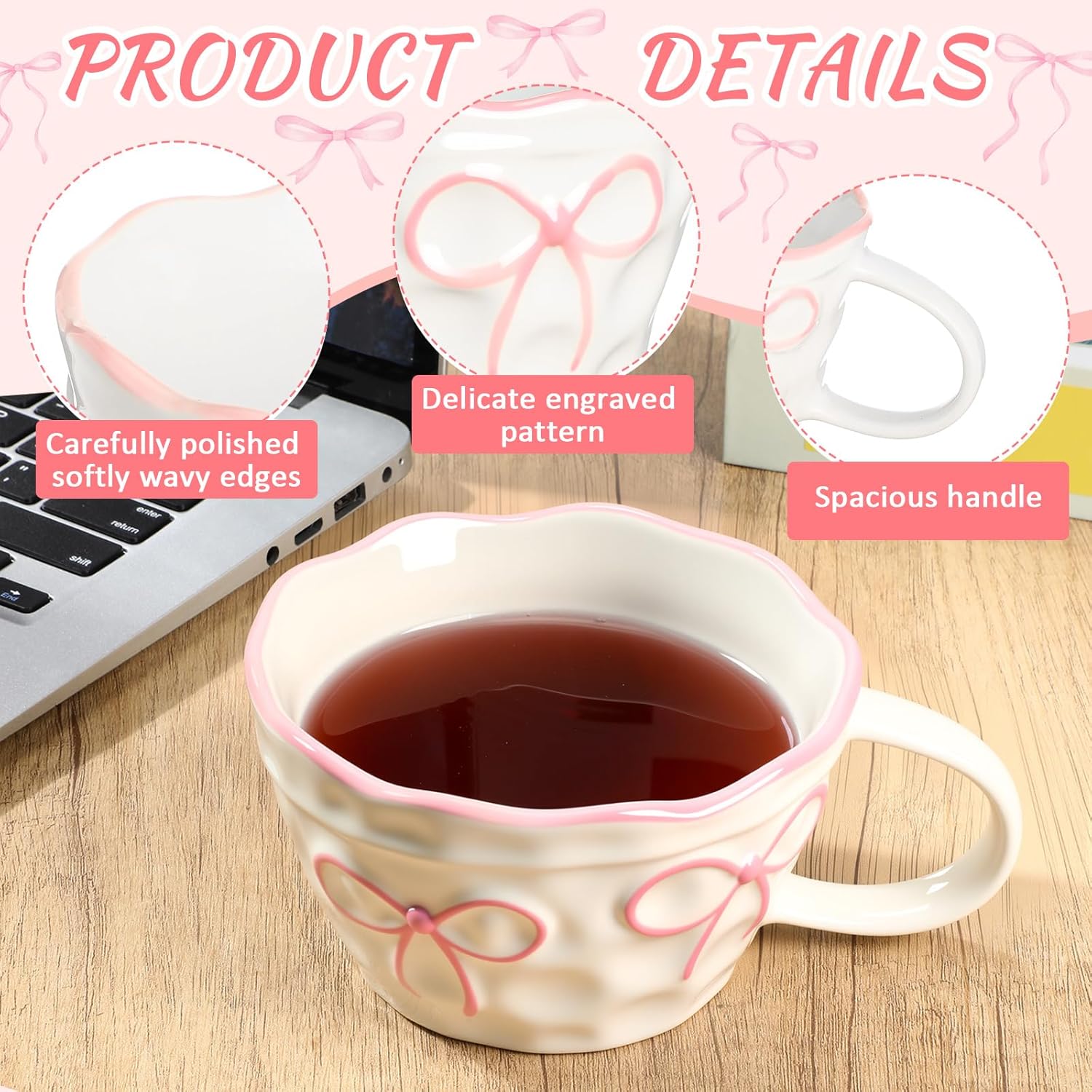 Pink Bow Mug 13. 5 Oz/ 400 ml Pink Coquette Bow Coffee Mug Preppy Aesthetic Ceramic Cup with Handle