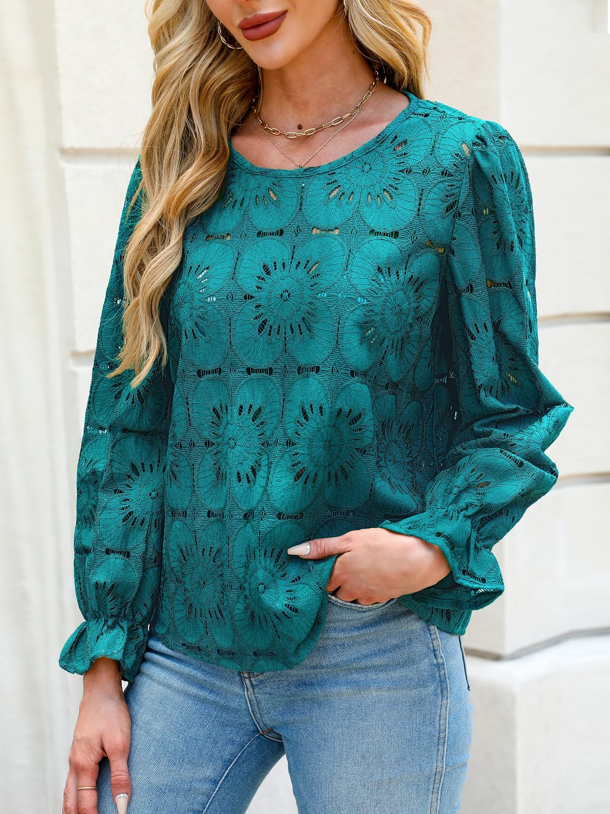 Women Eyelet Long Sleeve - Dressy Hollow Out Crochet Lace Embroidered Blouse