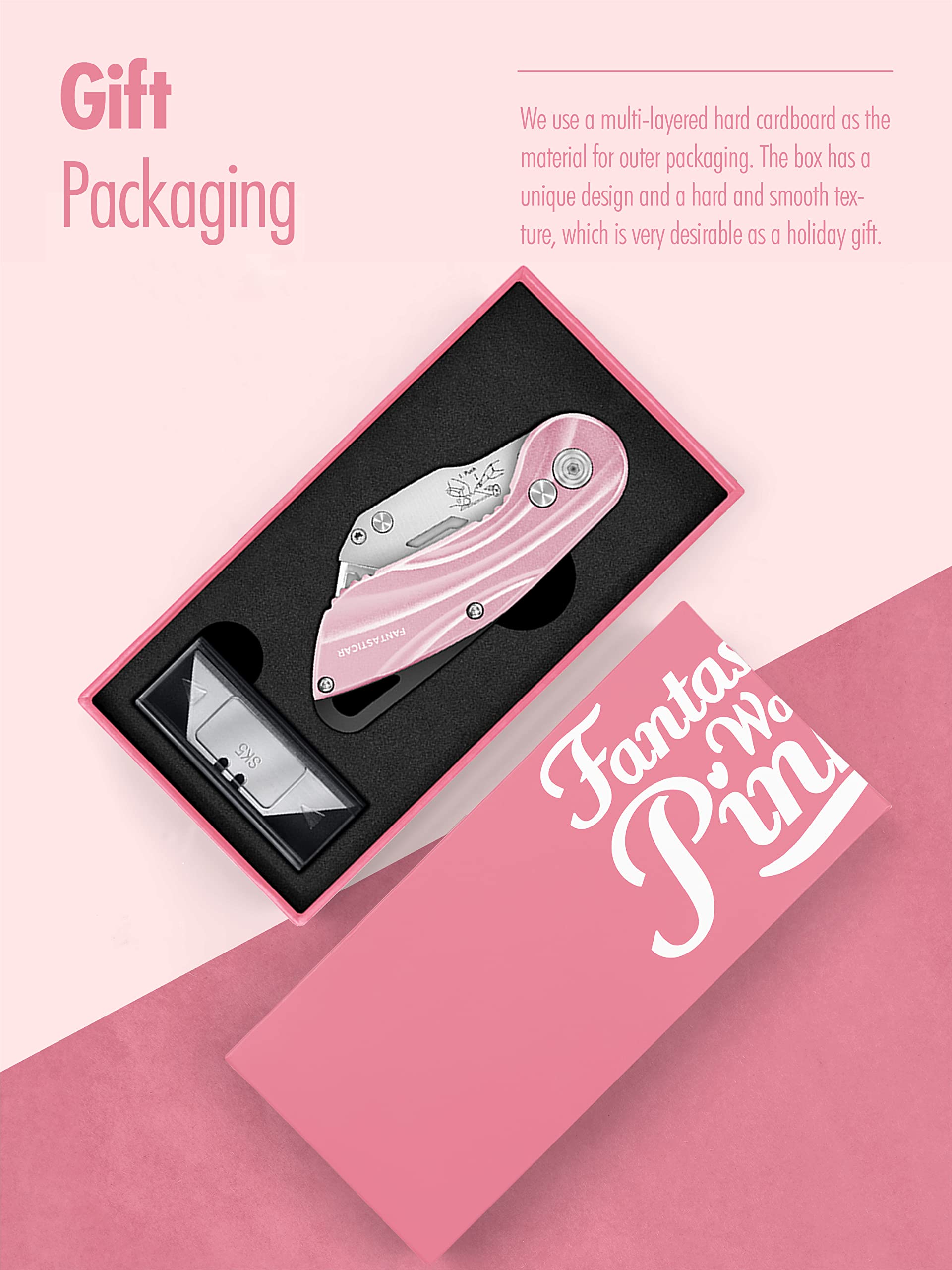 Folding Utility Knife, Cute Metal Box Cutter with Extra 5 Sharp Blades, Quick Blade Change, and Preminium Gift Packaging, for Cardboard Opener, Paper Cutter