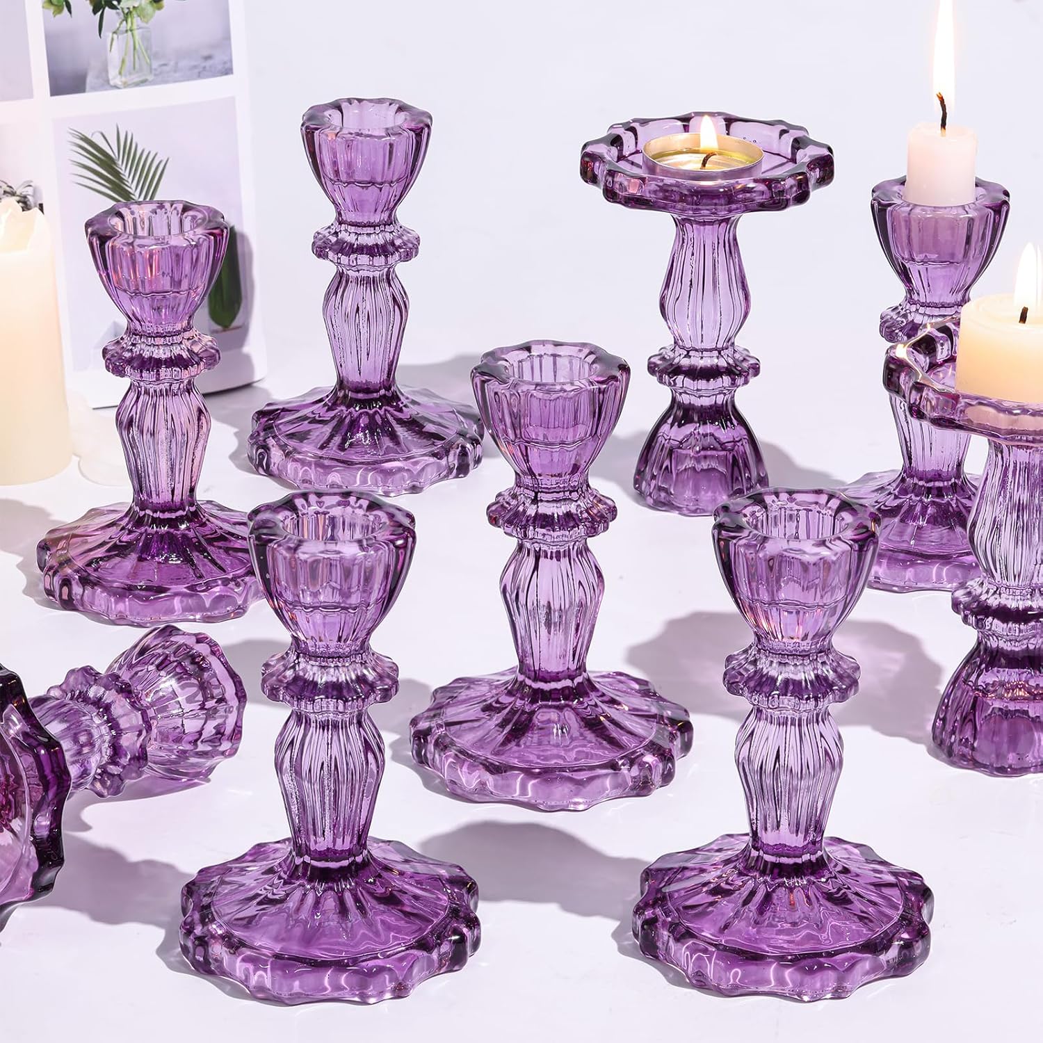 Taper Candle Holders, Candlestick Holders, Glass Candle Holder - Vintage Flower Design Candle Holders 12pcs