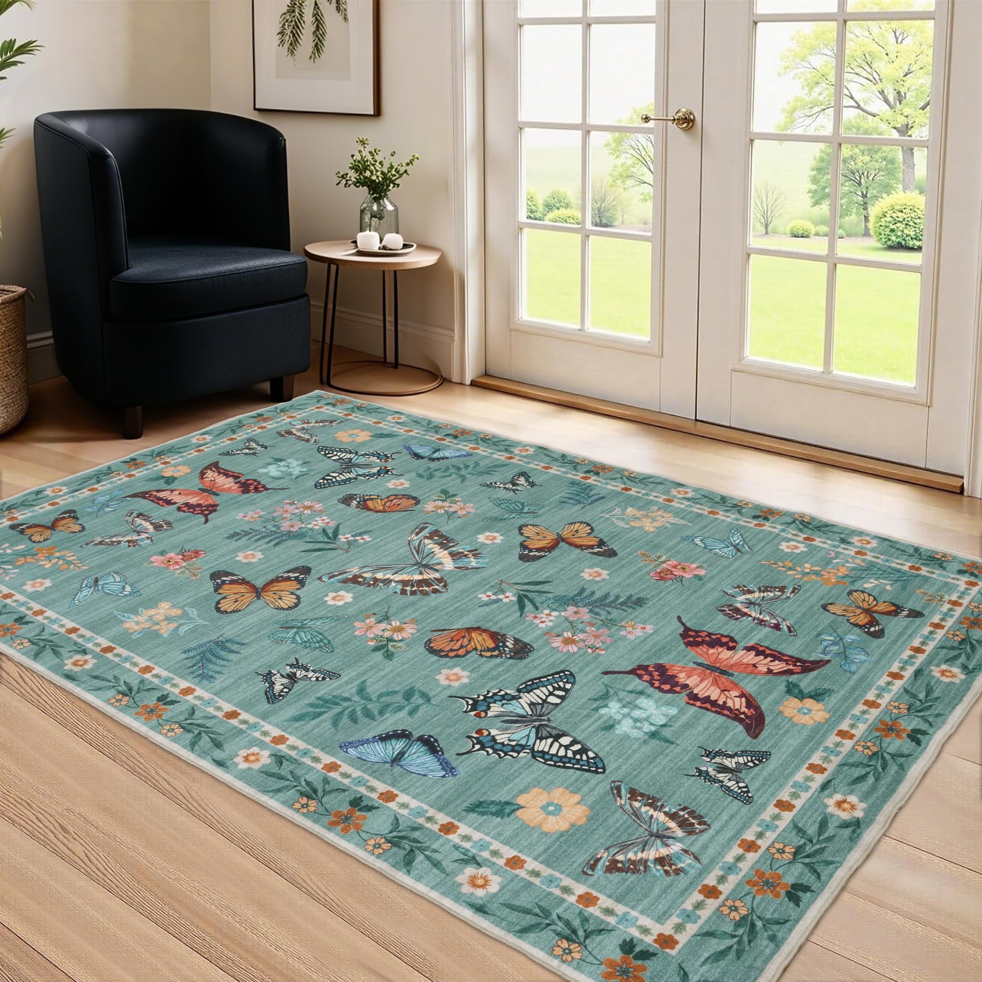 Insect Floral Area Rug, Machine Washable Area Rug Non-Slip Low Pile Large Bedroom Rug Stain Resistant Throw Rug Carpet