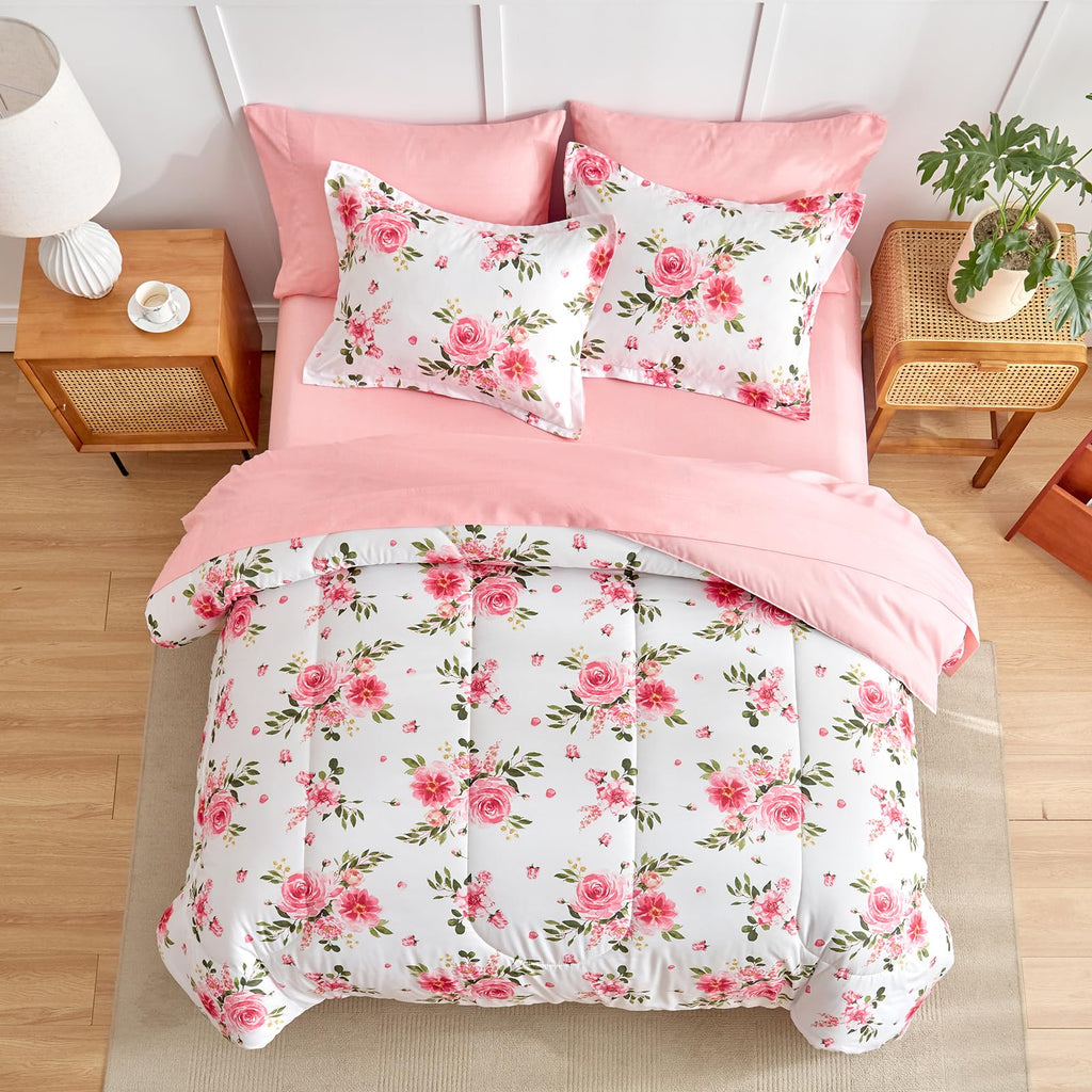 Flower Comforter Sheet Set White Bed in a Bag 7 Pieces Size, Pink Floral Microfiber Bedding Set (1 Comforter 2 Pillow Shams 1 Flat Sheet 1 Fitted Sheet 2 Pillowcases)