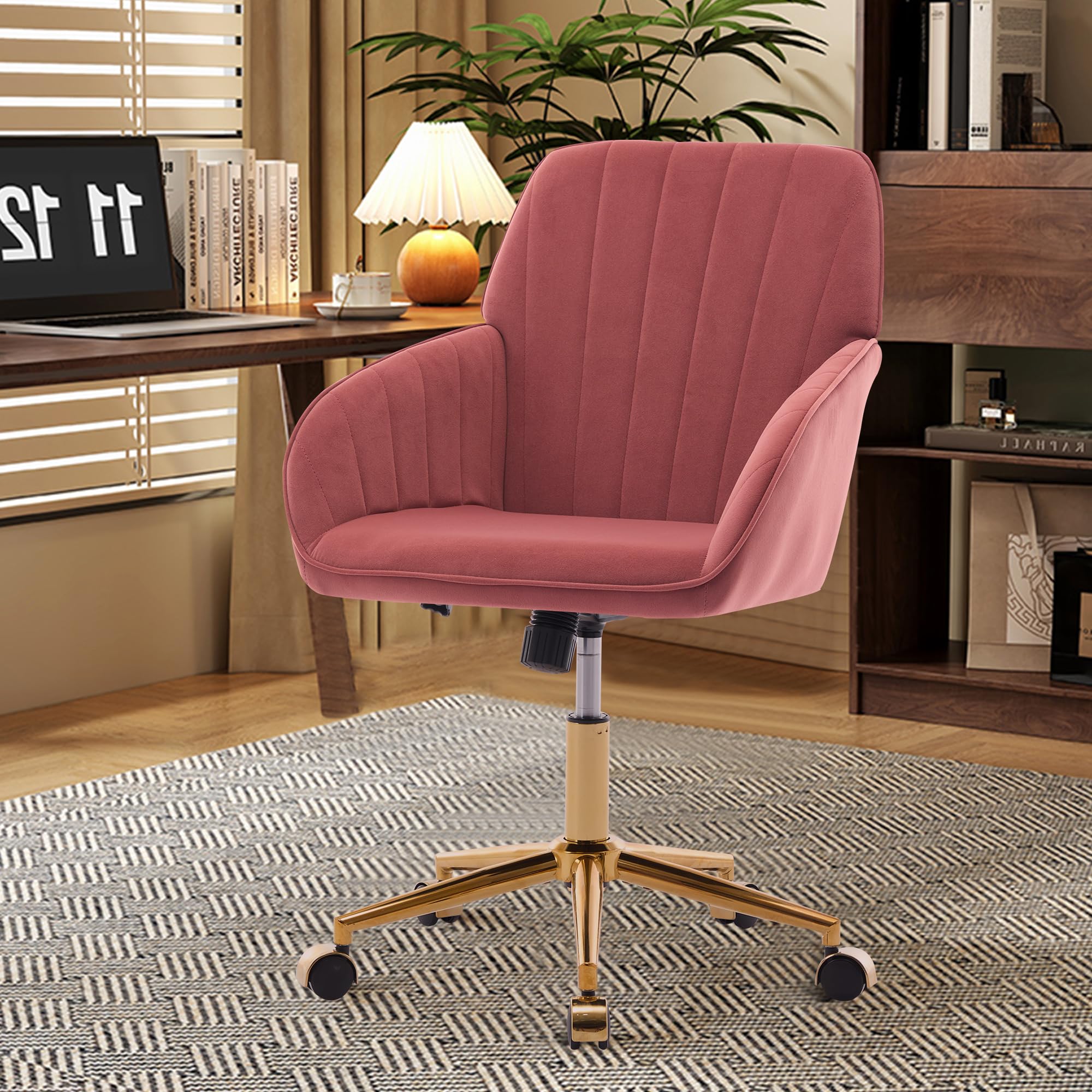Modern Vanity Velvet Adjustable Low Back Rolling Chair, Twill Upholstered Cute Chair with Wheels