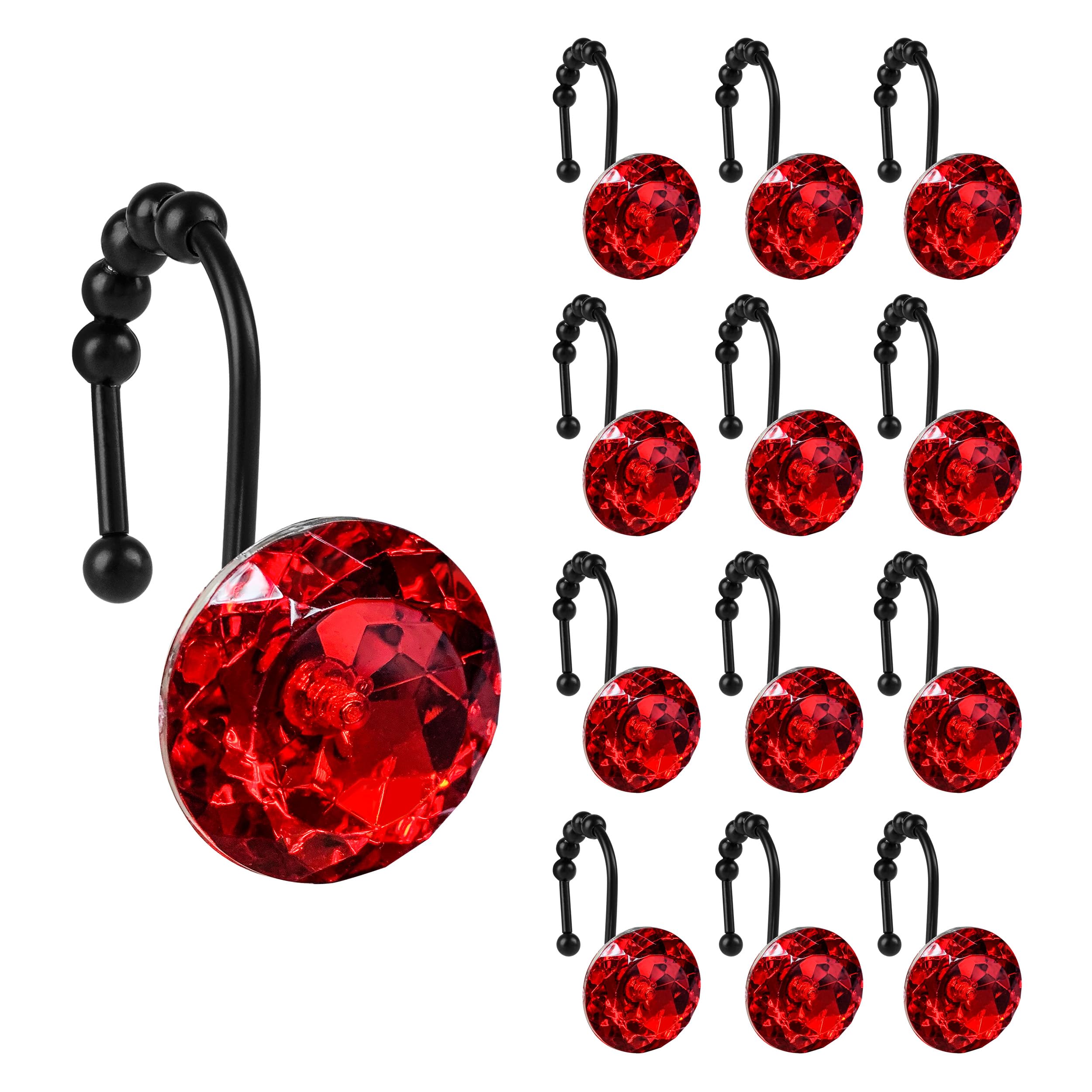 Luxury Design Round Diamond Crystal Gem Bling with Glide Balls Shower Curtain Hooks, Rust Proof Metal Rhinestones Glam Shower Curtain Rings-12 Pack