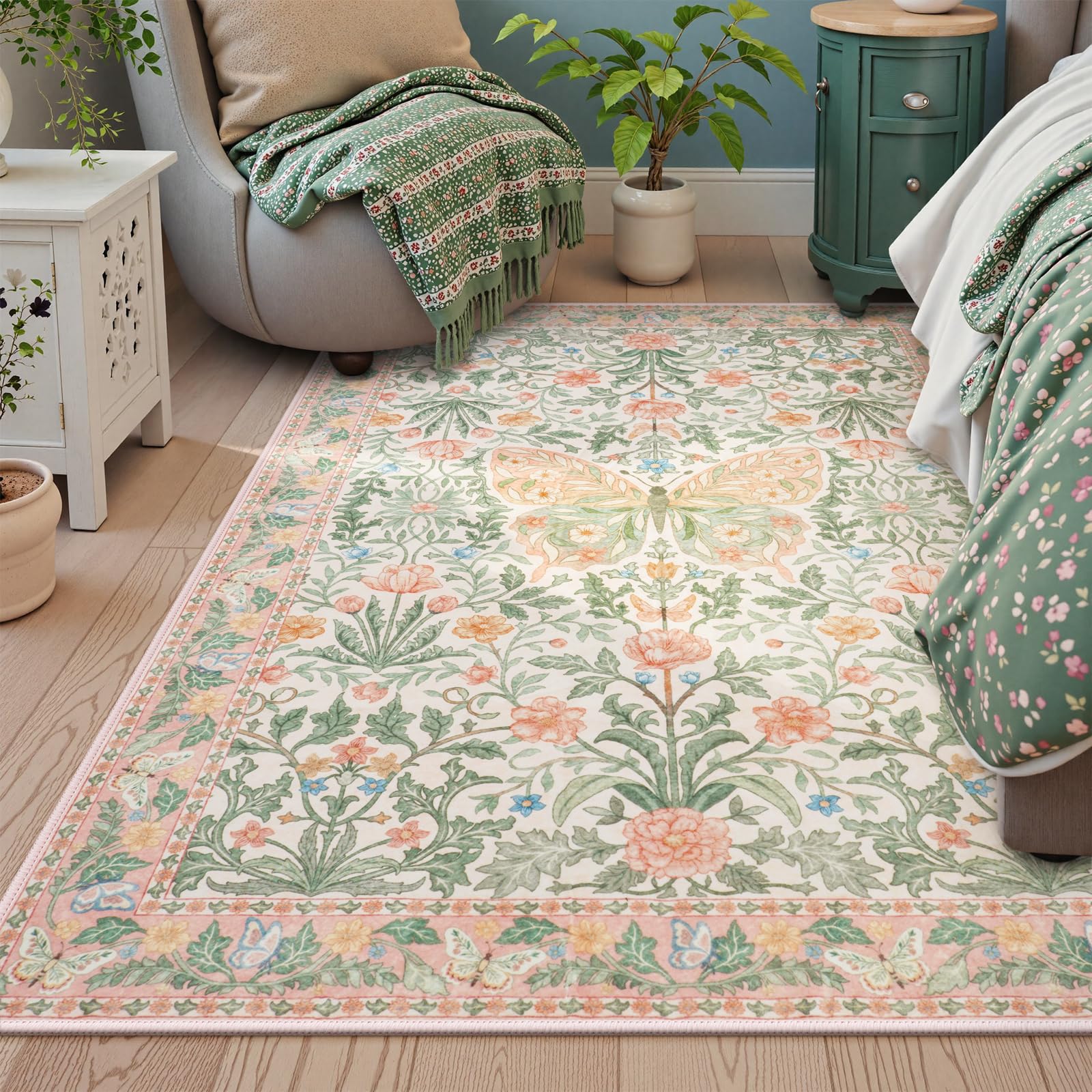 Vintage Floral Rug for Girls Bedroom Washable Non Slip, Soft Ultra Thin Boho Insect Carpet