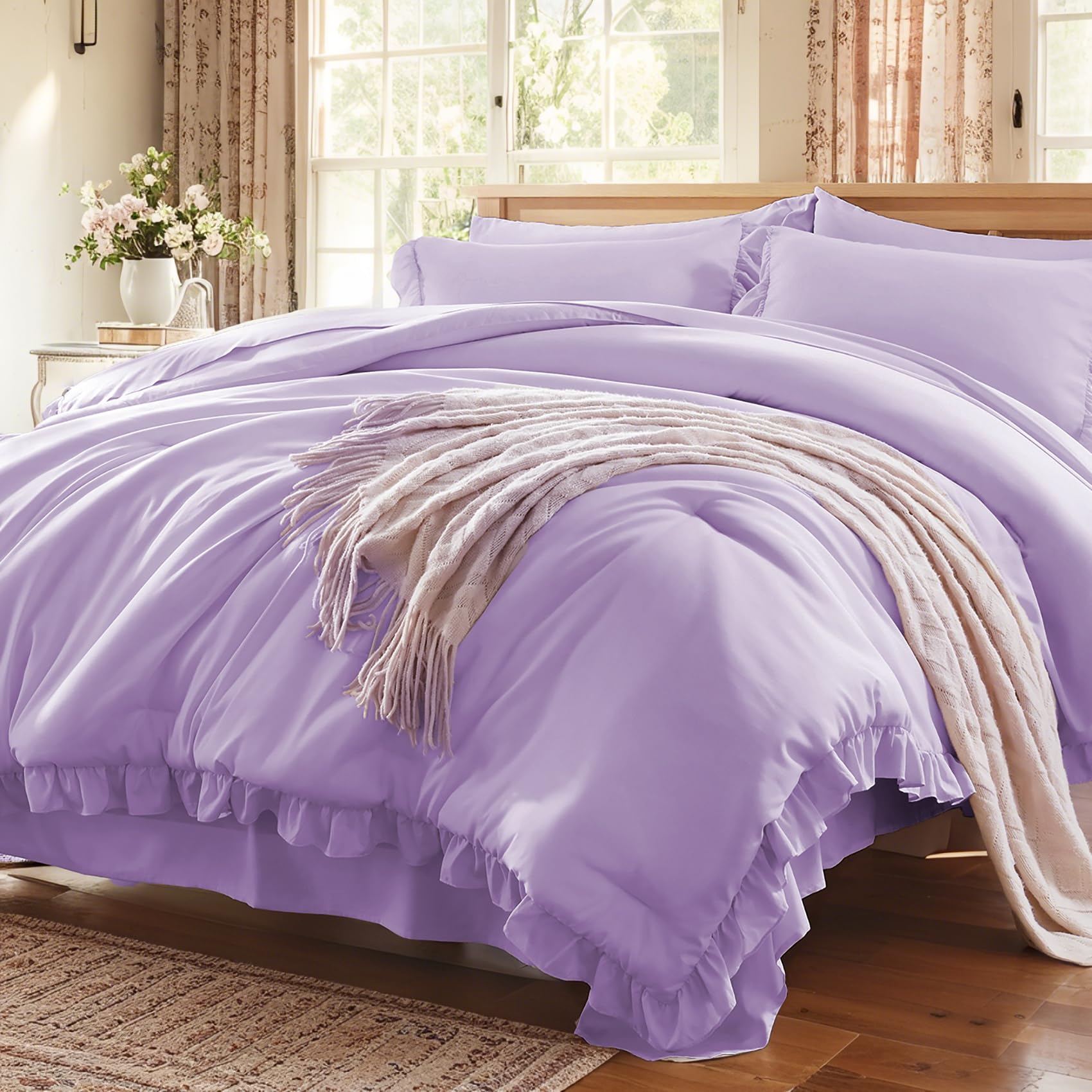 Comforter Set 7 Piece, Bed in a Bag with Sheets, All Season Ruffle Shabby Chic Bedding Sets with 1 Comforter, 2 Pillow Shams, 2 Pillowcases, 1 Flat Sheet, 1 Fitted Sheet