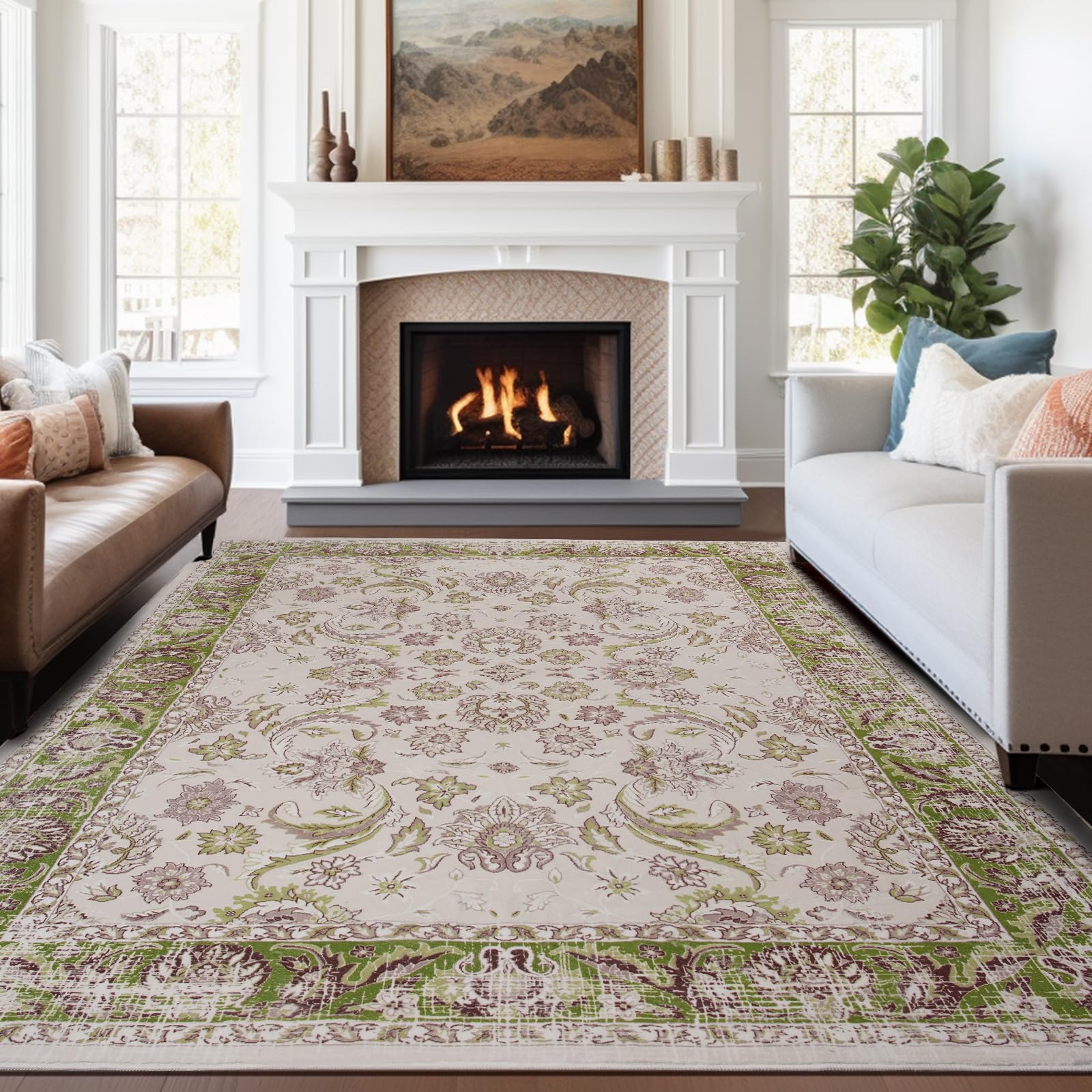 Washable Area Rugs Door Mat Entryway Vintage Floral Non-Slip Low Pile Entrance Thin Rug Carpet for Kitchen Bathroom Living Room Pink