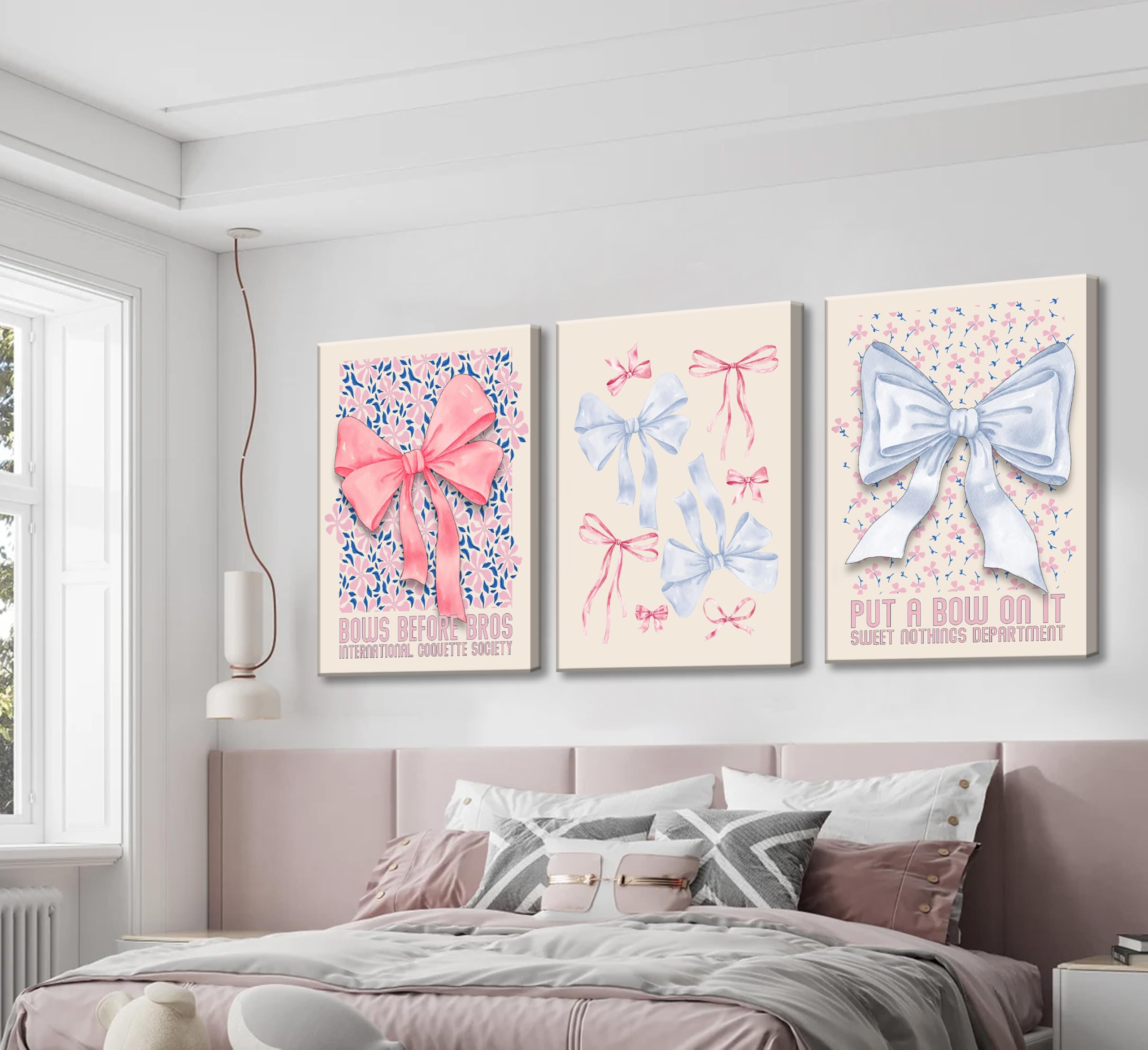Fashion Coquette Preppy Pink and Blue Bow Aesthetic Picture Poster Wall Decor Canvas Print Artwork 3 Pcs Trendy Bow Wall Art
