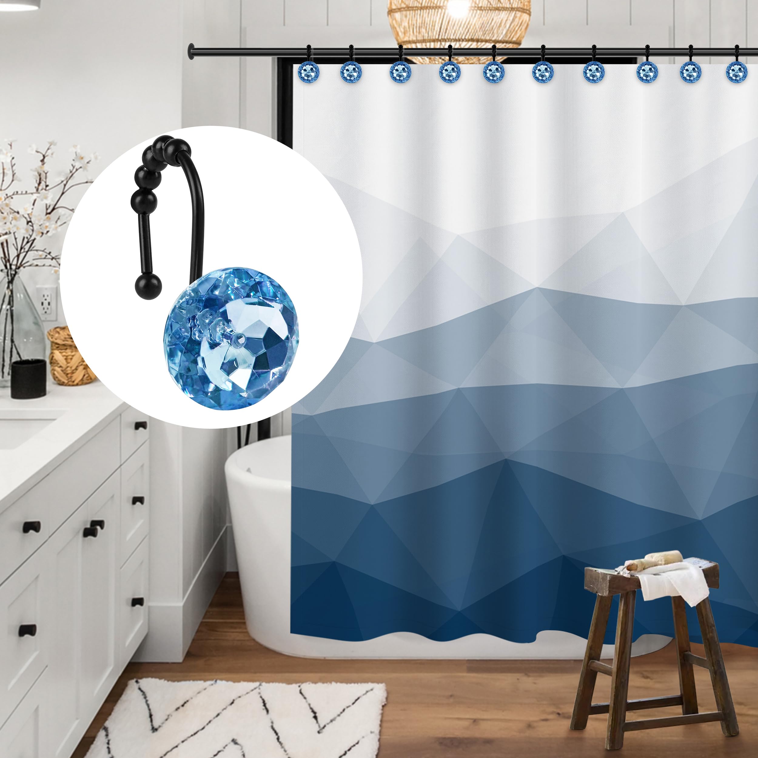 Luxury Design Round Diamond Crystal Gem Bling with Glide Balls Shower Curtain Hooks, Rust Proof Metal Rhinestones Glam Shower Curtain Rings-12 Pack