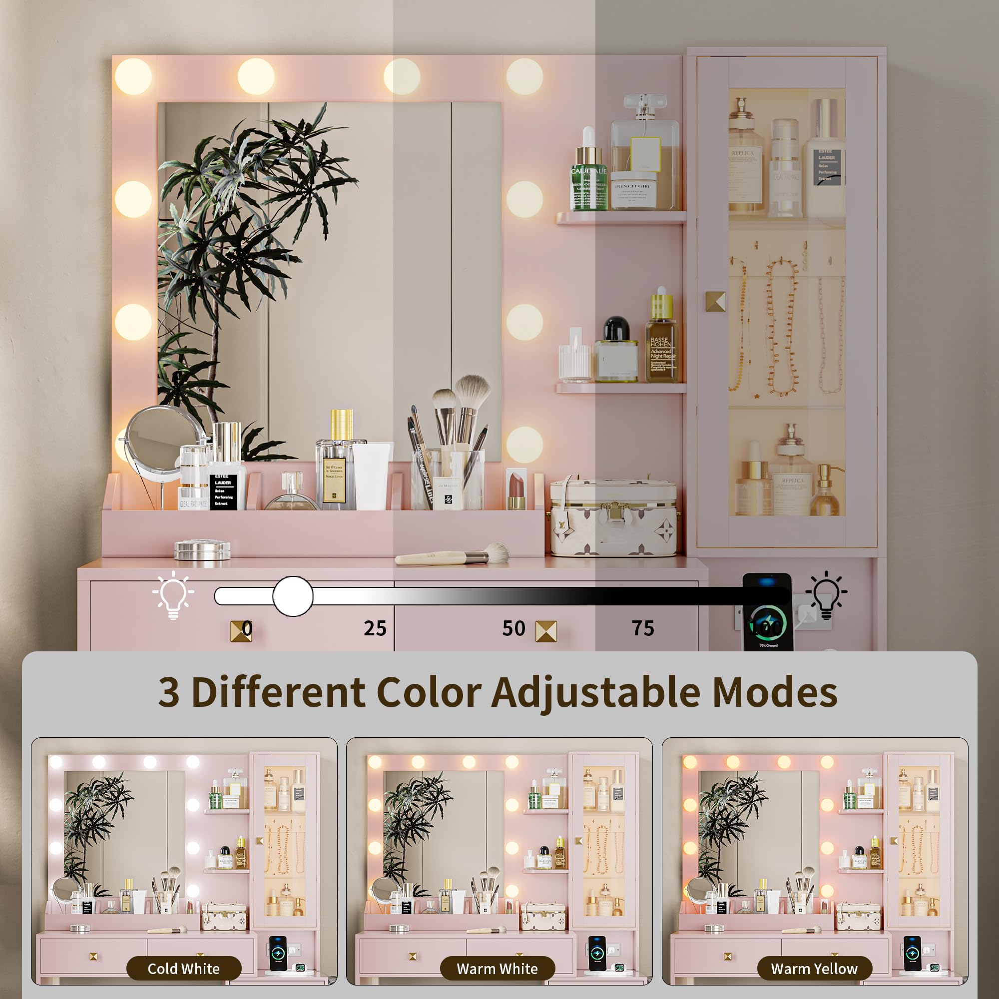 Vanity Desk with Mirror and Lights, Pink Makeup Vanity with 5 Drawers Hidden Jewelry Organizer& LED Glass Cabinet, 3 Lights Mode and Brightness Adjusted,Vanity Mirror with Lights Desk and Chair