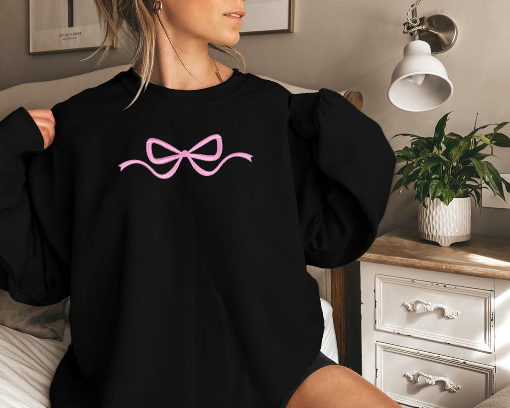 Ladies Bow Sweatshirt Coquette Sweater - Embroidered sweatshirt Clean Girl Aesthetic Shirt Fall Crewneck Pullover