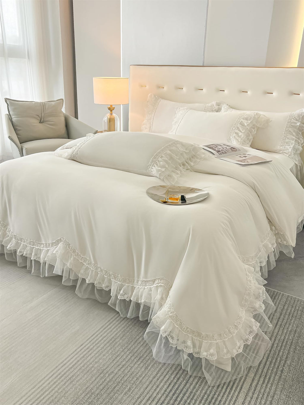 Chic Ruffle Lace Polyester Duvet Cover Set -Bedding-2 Piece Duvet Cover with Zipper Closure -Ultra Soft and Light Weight
