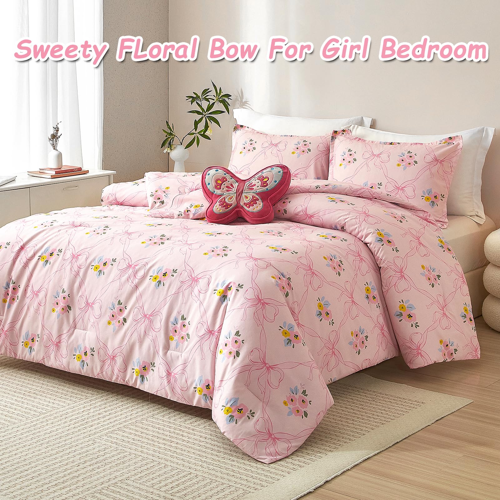 Pink Bow Comforter Set Comforter Set for Girls, 2 Pieces Bed in a Bag Cartoon Bow Tie Pattern, Floral Bedding Set