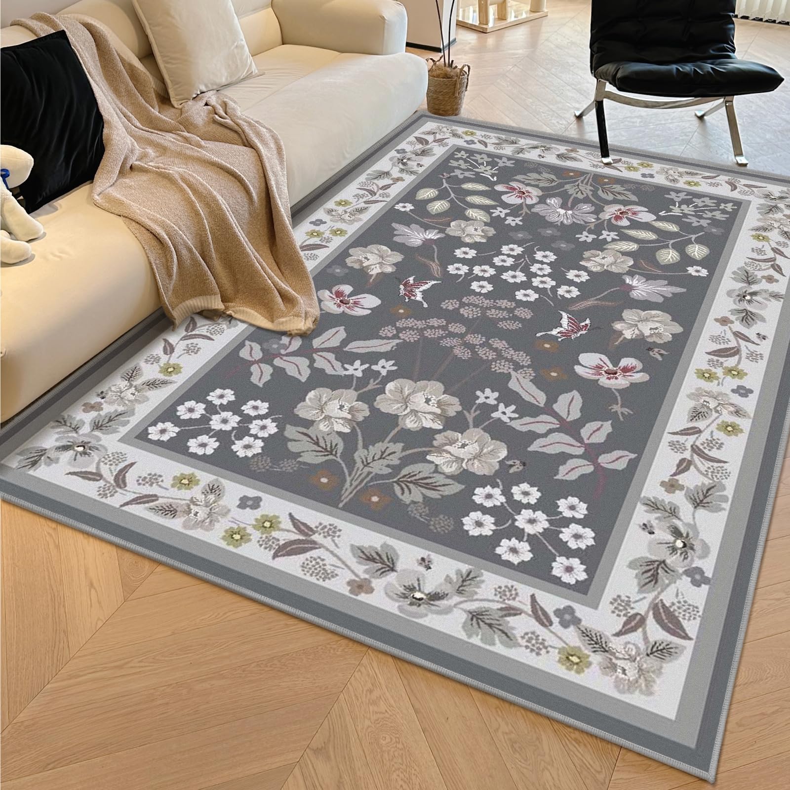 Washable Area Rug Non-Slip Area Rugs for Bedroom Soft Faux Wool Floral Rug with Rubber Backing Indoor Boho Area Rug
