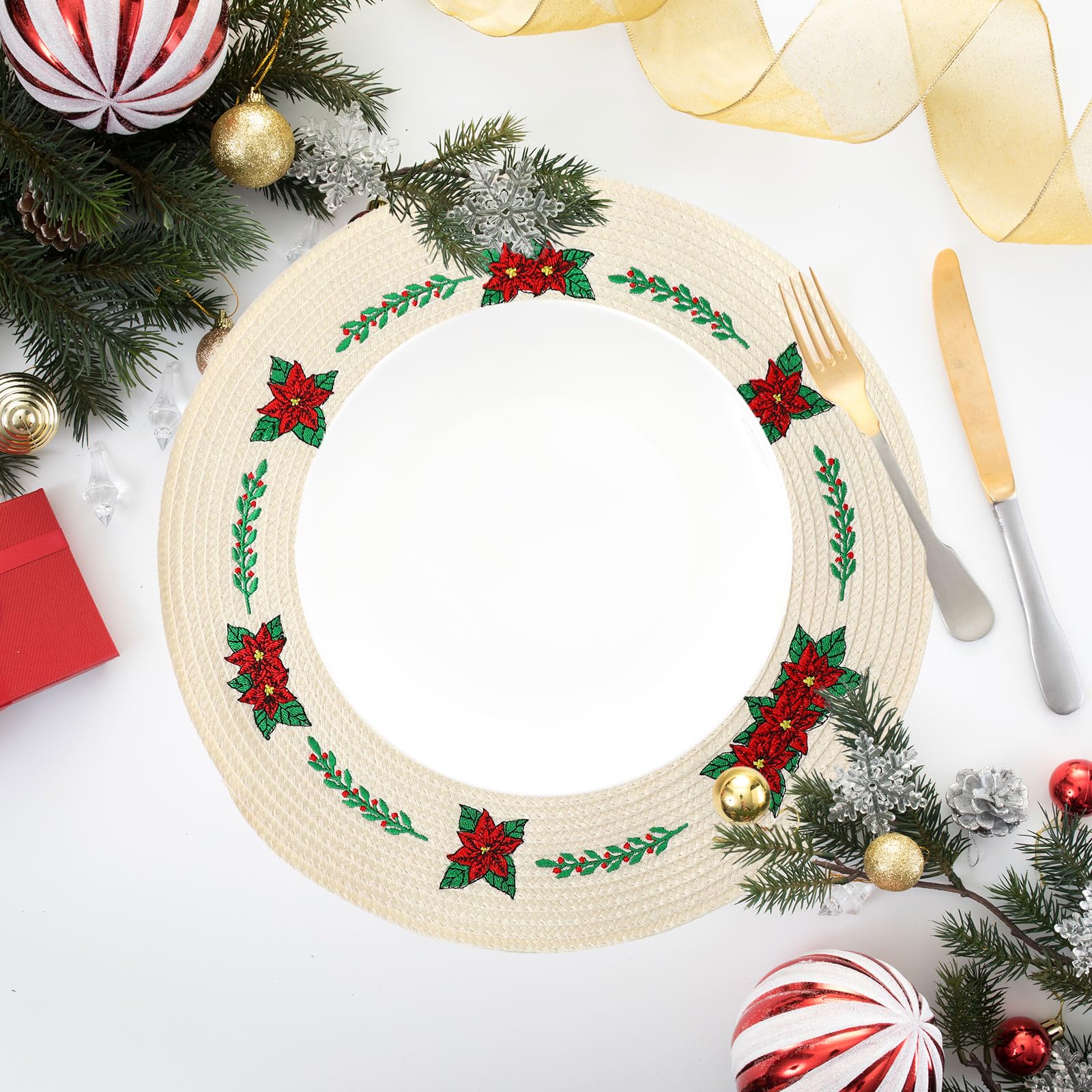 Whaline 4Pcs Round Placemats Pink Bow Embroidered Place Mats Coquette Bow Dinner Table Mats for Home Wedding Baby Shower Birthday Party Decor