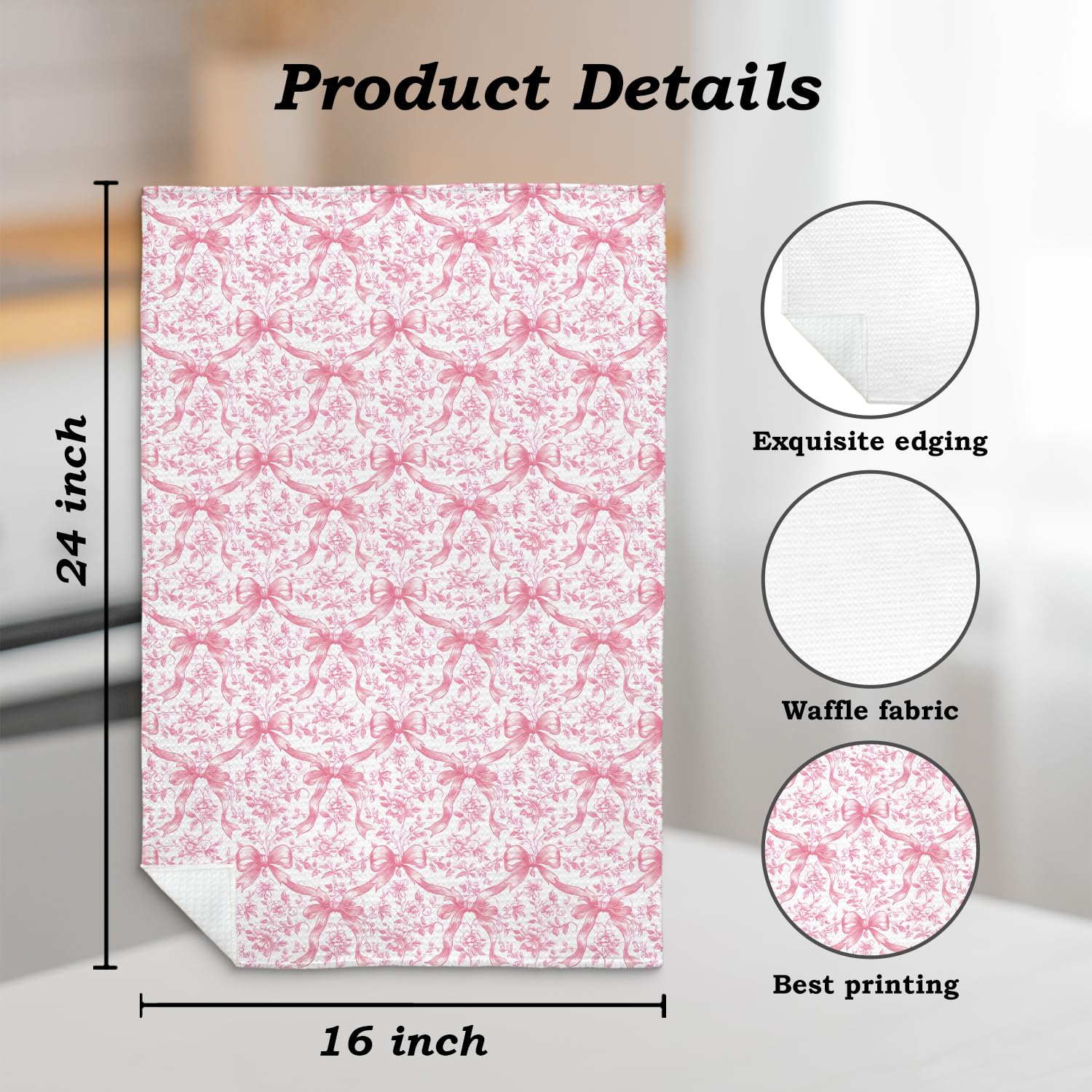 Coquette Bow Floral Kitchen Towel, Grandmillennial Pink Rose Flower Gingham Hand Towel for Bathroom, Pink and White Checkered Dish Tea Towel, 16x24 Inch