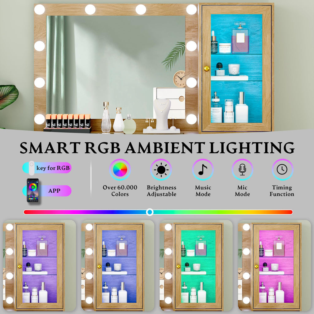 Fluted Vanity Desk with Mirror and Lights, 45" Glass Top Makeup Table Set with 5 Drawers, Power Outlet & Storage Cabinet, Large Dressing Table with RGB Ambient Light