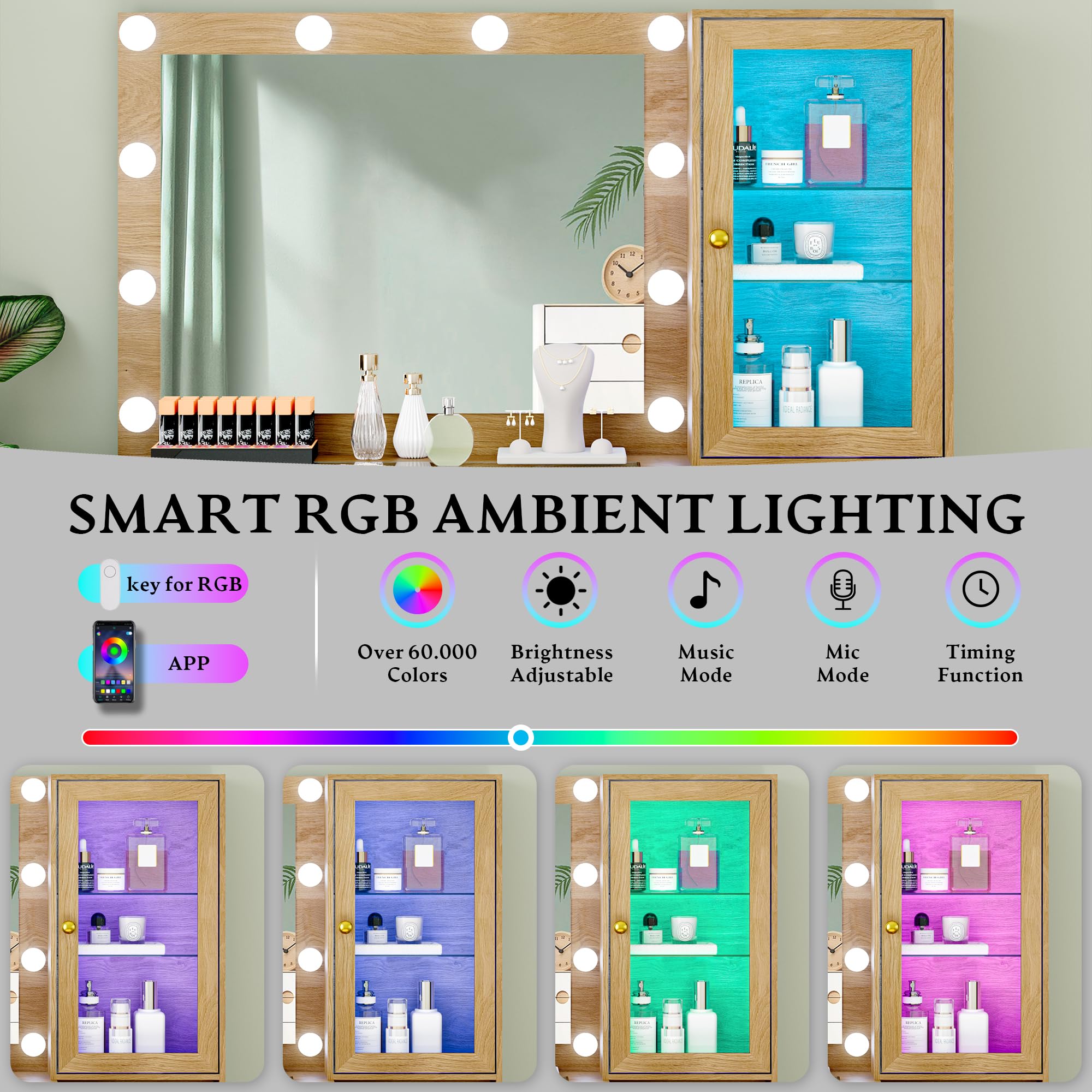 Fluted Vanity Desk with Mirror and Lights, 45" Glass Top Makeup Table Set with 5 Drawers, Power Outlet & Storage Cabinet, Large Dressing Table with RGB Ambient Light