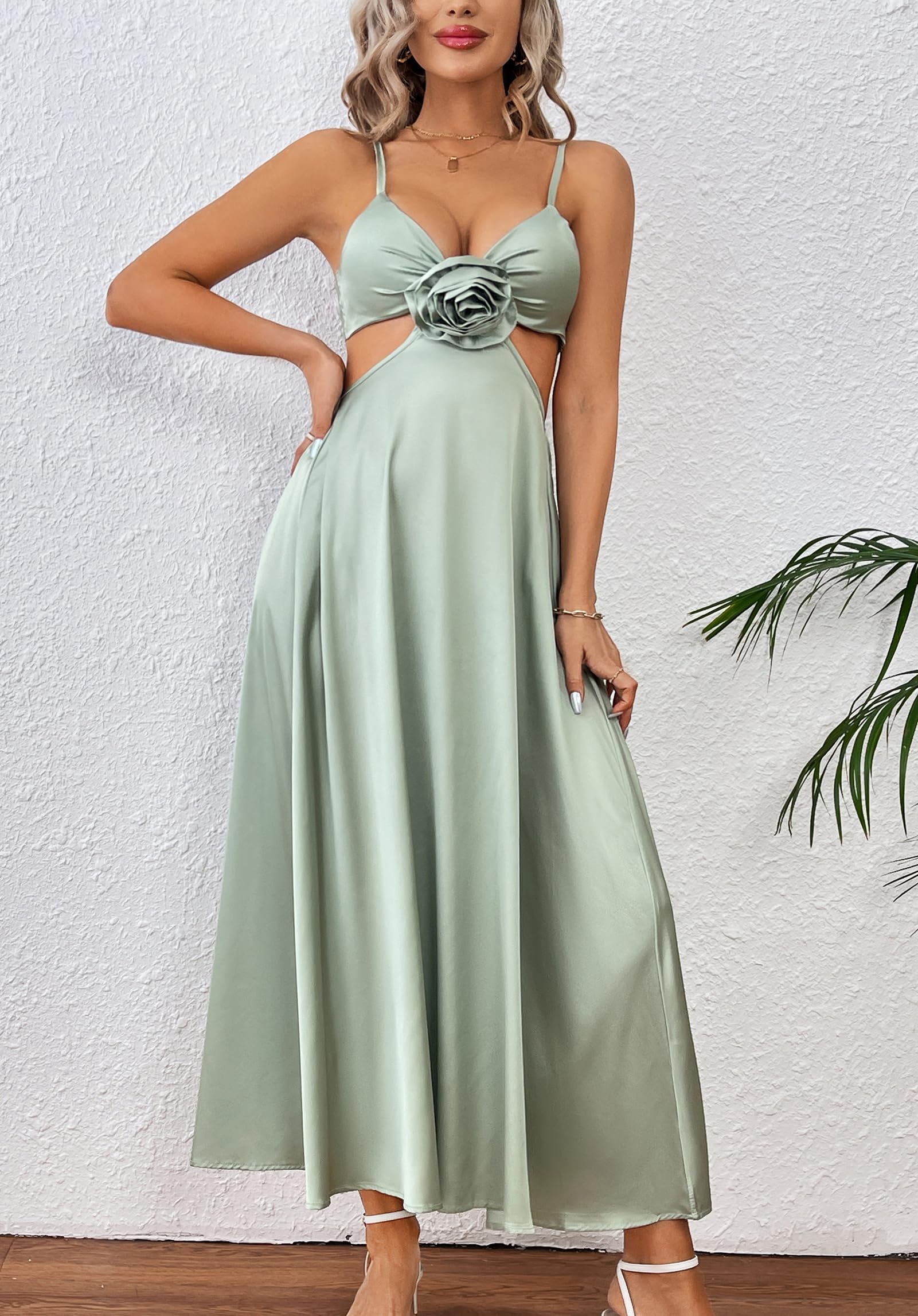 Women Satin Slip Padded Long Dress V Neck Adjustable Straps Backless Party Casual Dress 3D Flower Sundress