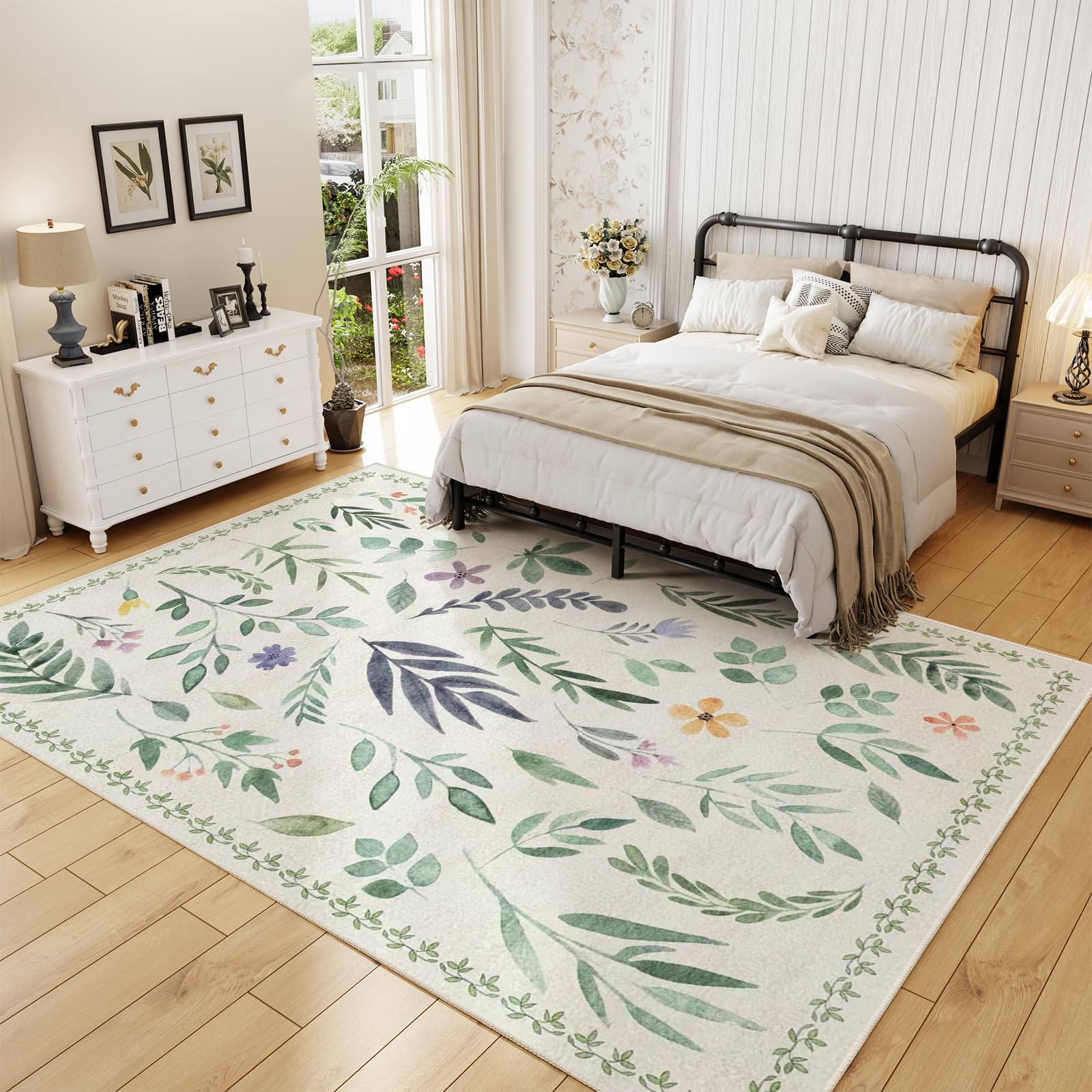 Washable Floral Rugs with Non Slip Backing, Stain Resistant, Floral Soft Low-Pile