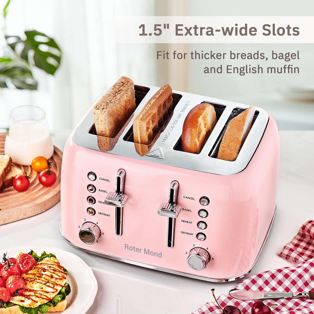 Toaster 4 Slice Retro Stainless Steel with Extra Wide Slots, Reheat Function, Dual Independent Control Panel, Removable Crumb Tray, 6 Browning Levels