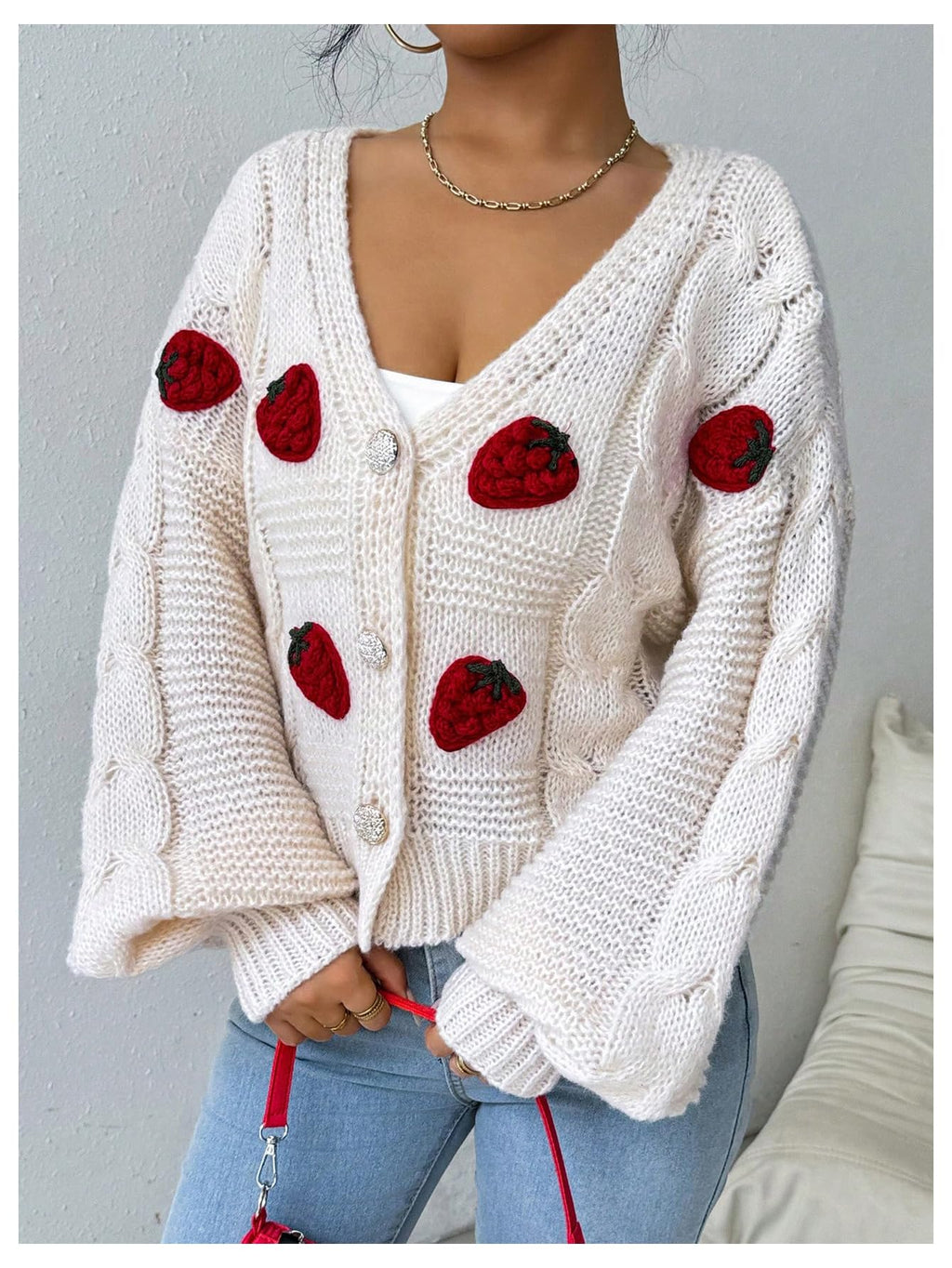 Women's Strawberry Embroidery Crop Cardigan Drop Shoulder Button Up Sweater Tops V Neck Outerwear