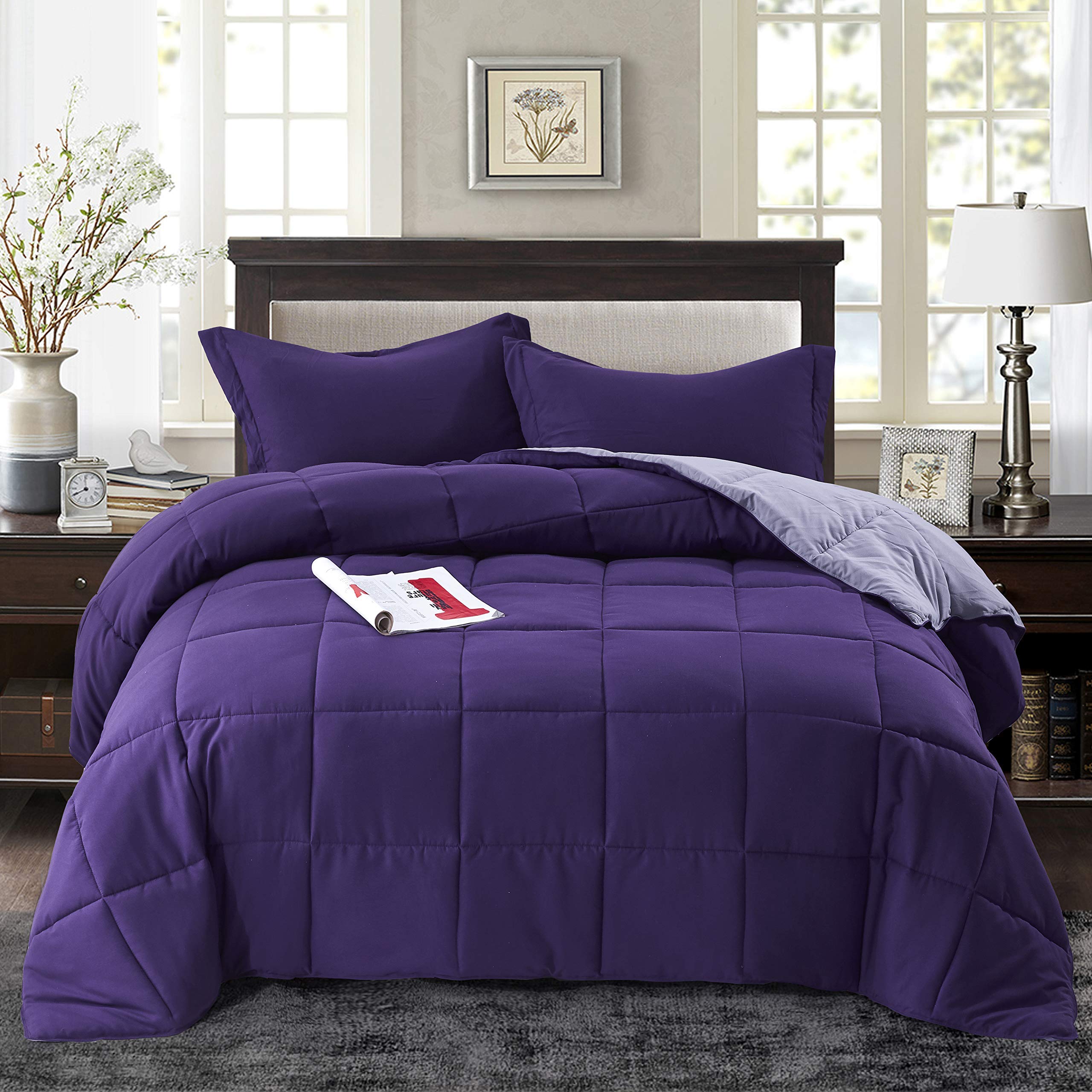Reversible Down Alternative Comforter with Two Shams - Quilted Duvet Insert with Corner Tabs - Box Stitched Blanket - Super Soft, Fluffy