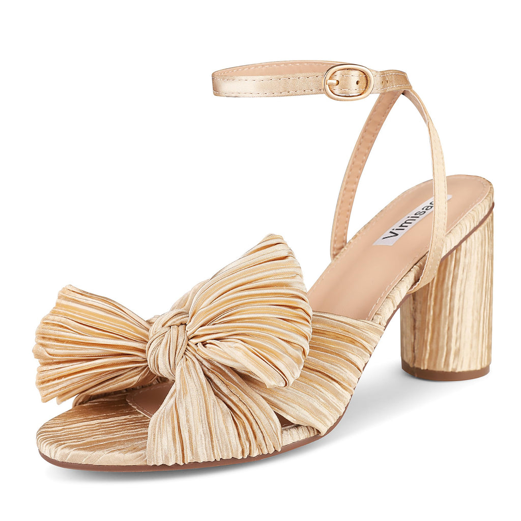 Women's High Block Chunky Heel Sandals Fashion Open Toe Ankle Buckle Strap Pleated Bow Heel