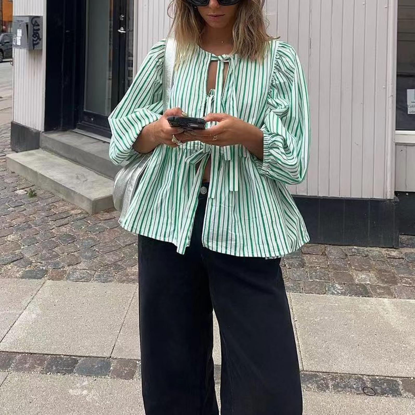 Tie Front Tops Womens Y2k Print Peplum Babydoll Top 3/4 Length Puff Sleeve Coquette Cute Going Out Tops