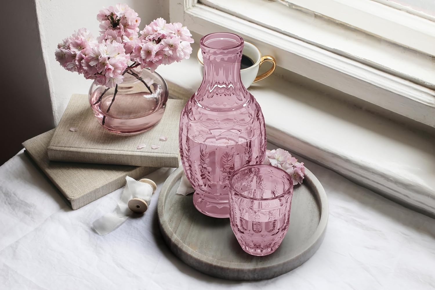 Pink/Purple Vintage Bedside Night Carafe Set with Glass Tumbler Perfect for Storing Liquid