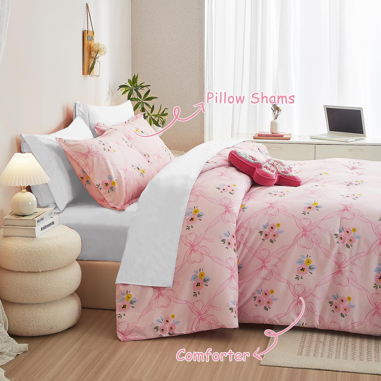 Pink Bow Comforter Set Comforter Set for Girls, 2 Pieces Bed in a Bag Cartoon Bow Tie Pattern, Floral Bedding Set