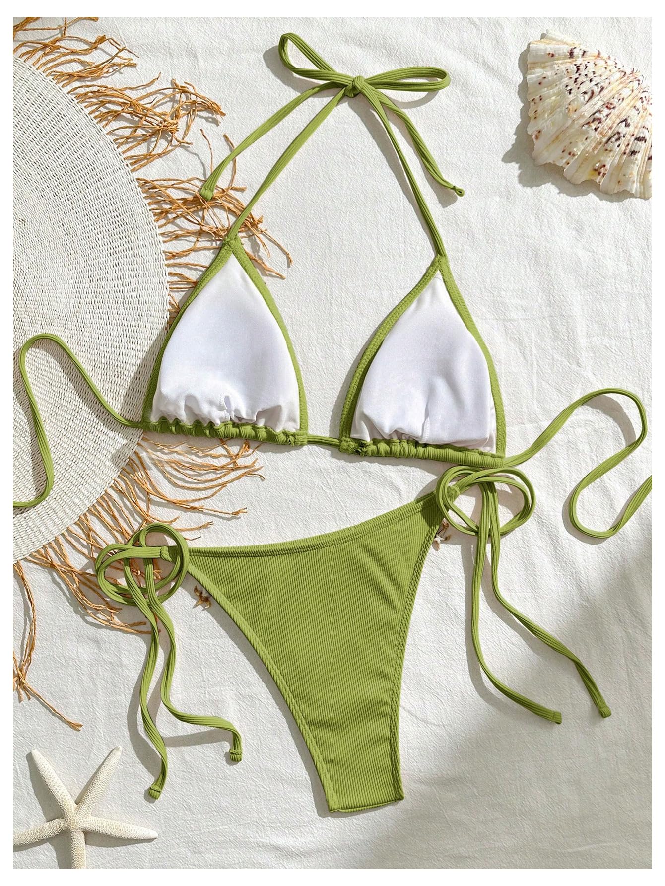 Women's 2 Piece Halter Triangle Bathing Suit Ribbed Bikini Swimsuits