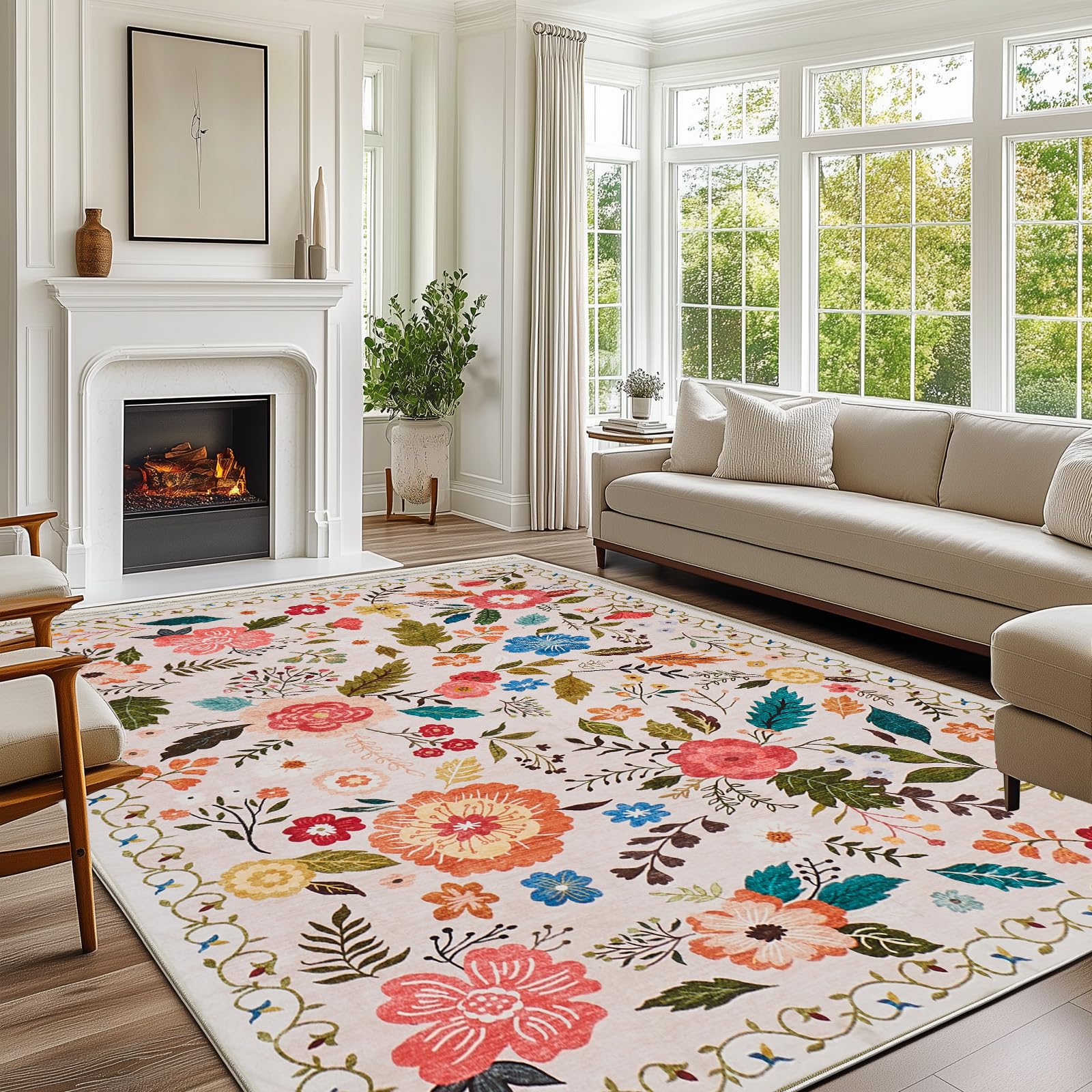Boho Floral Vintage Rug for Home Washable Rugs Soft Low Pile, Non Slip Non-Shedding