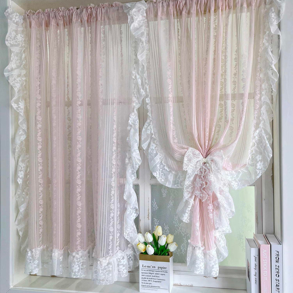 Floral Embroidery Sheer Lace Curtain with Ruffle Trim Romantic Gauze Curtains