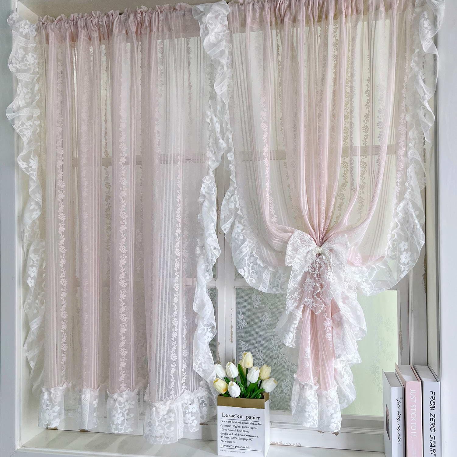 Floral Embroidery Sheer Lace Curtain with Ruffle Trim Romantic Gauze Curtains