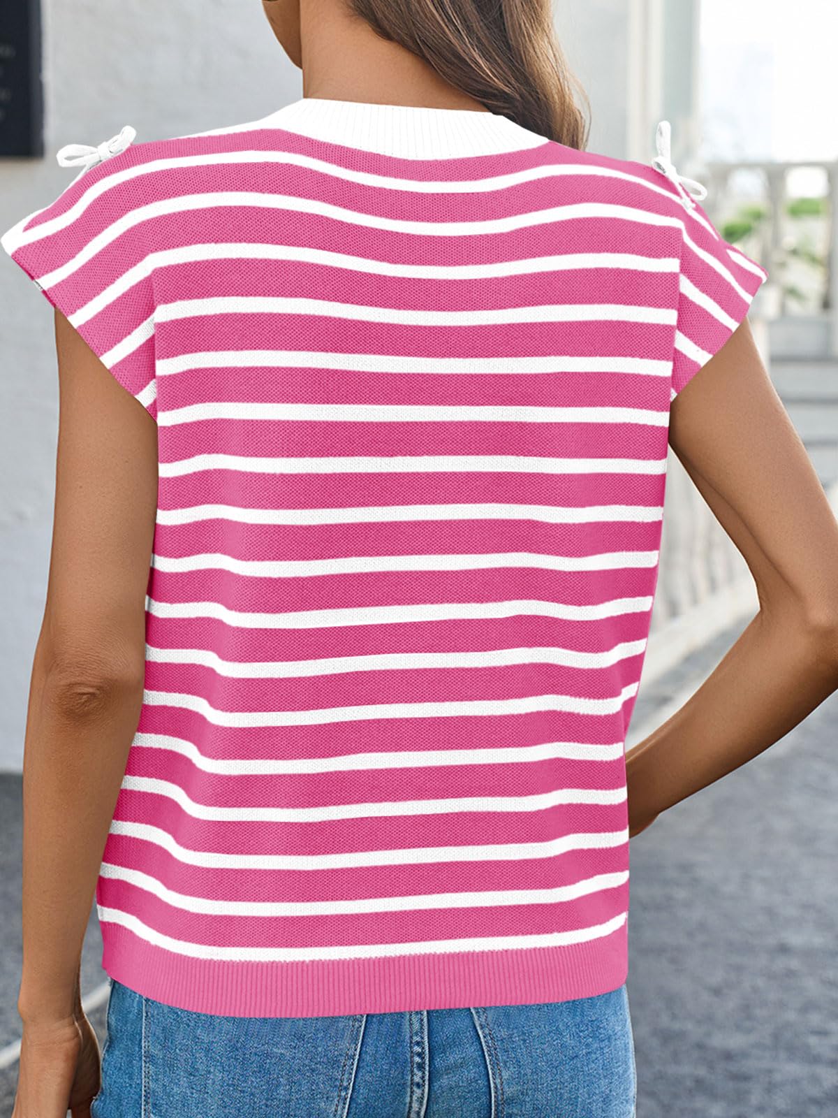 Womens Striped Bow Top Cap Sleeve Summer Cute Crewneck Going Out Lightweight Knit Sweater Vest Tops